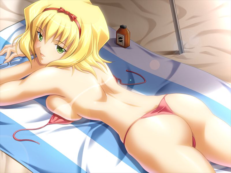 asahi (fullmetal madness), alice margatroid, kiryuu kahoruko, harem x scratch, touhou, game cg, >:d, 1girl, :d, ass, beach, beach towel, bikini, bikini tan, blonde hair, breast press, breast rest, breasts, day, dutch angle, female focus, from behind, green eyes, hairband, hip focus, large breasts, looking at viewer, looking back, lying, naughty face, on stomach, open mouth, parasol, short hair, sideboob, smile, solo, swimsuit, tan, tanline, thong bikini, towel, umbrella, untied bikini, v-shaped eyebrows, wedgie