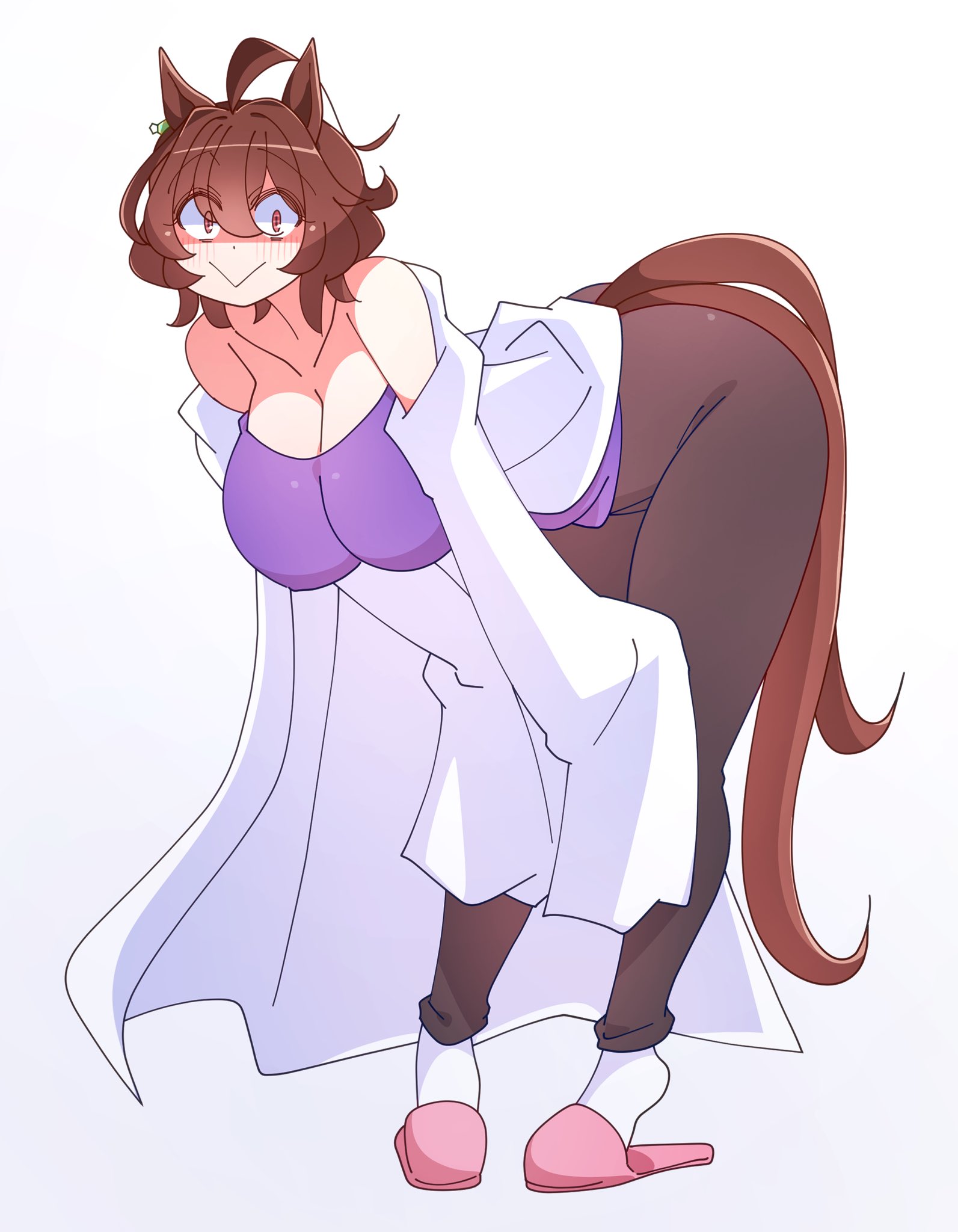 kaijin debeso, agnes tachyon (umamusume), umamusume, highres, 1girl, :>, animal ears, ass, earrings, full body, horse ears, horse girl, horse tail, jewelry, lab coat, simple background, single earring, sleeves past fingers, sleeves past wrists, smile, solo, tail, thick thighs, thighs, white background