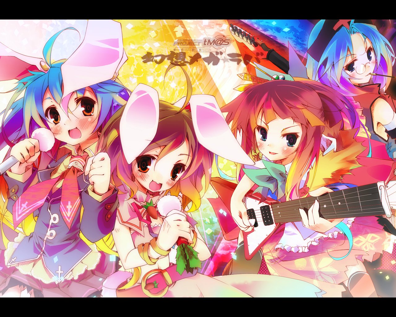 kamiya yuu, kobanzame, houraisan kaguya, inaba tewi, reisen udongein inaba, yagokoro eirin, cool&create, iosys, touhou, 4girls, animal ears, band (music), female focus, glasses, guitar, instrument, letterboxed, microphone, multiple girls, rabbit ears