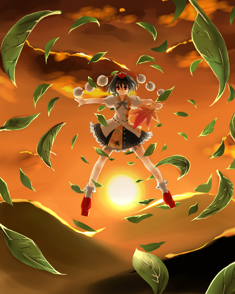 kobanzame, shameimaru aya, touhou, bad id, bad pixiv id, 1girl, black hair, female focus, flying, geta, hand fan, hat, leaf, looking at viewer, outstretched arm, red eyes, short hair, smile, solo, sunset, tengu-geta, tokin hat