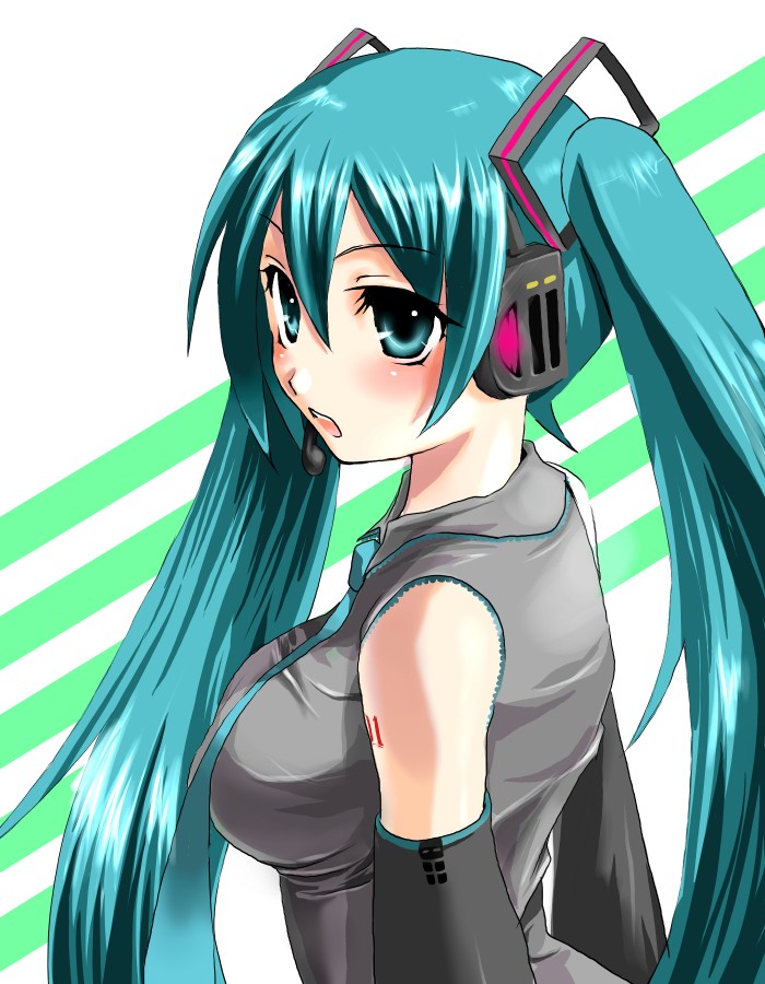 kobanzame, hatsune miku, vocaloid, bad id, bad pixiv id, 1girl, aqua hair, breasts, female focus, large breasts, long hair, solo, twintails