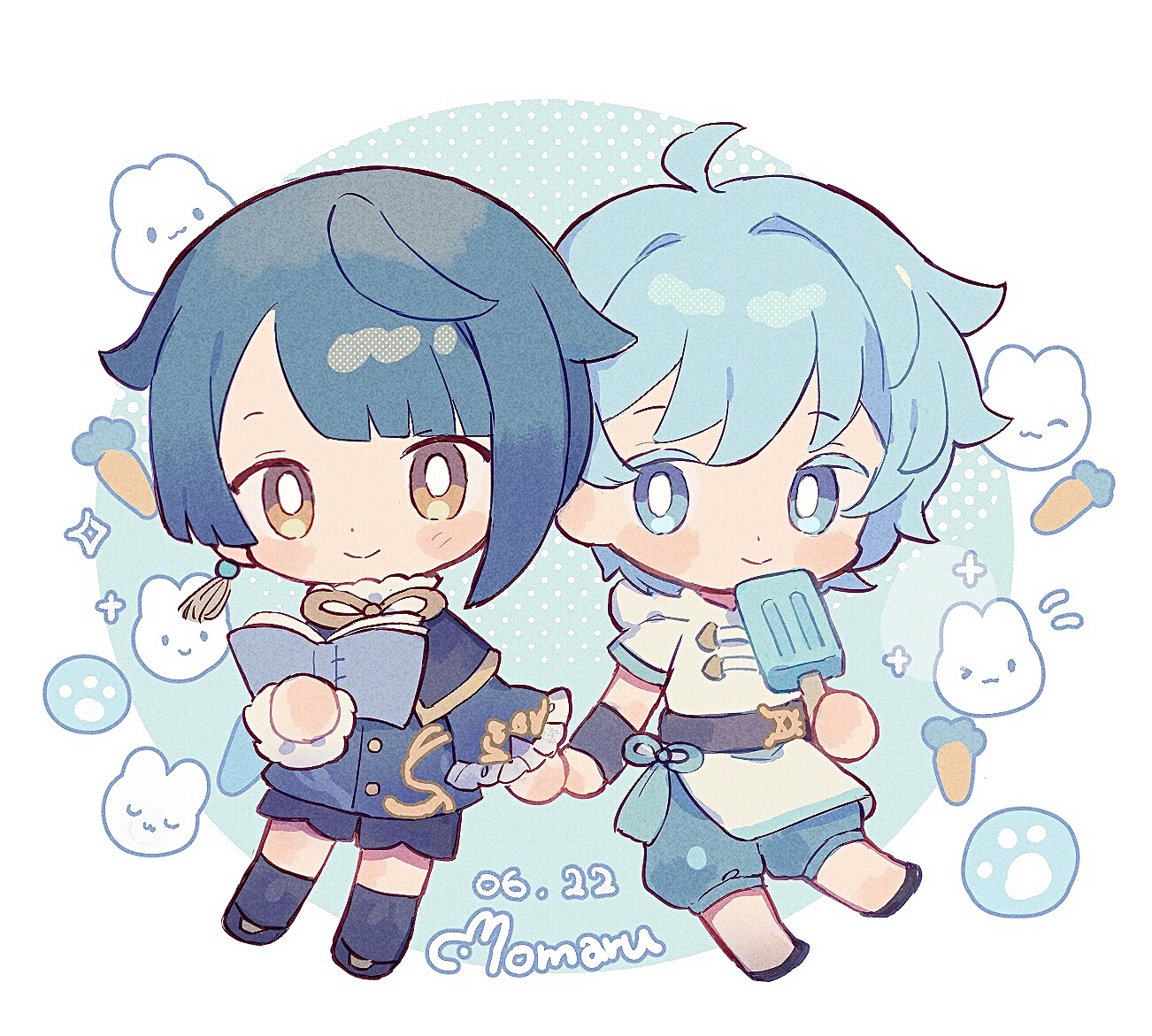 milkyway080, chongyun (genshin impact), xingqiu (genshin impact), genshin impact, commentary, 2boys, ahoge, black shoes, black socks, blue background, blue hair, blue shirt, blue shorts, blunt bangs, blush stickers, book, bright pupils, carrot, chibi, chibi only, closed mouth, dated, food, frilled sleeves, frills, full body, green hair, holding, holding book, holding food, holding hands, holding popsicle, long sleeves, looking at viewer, male focus, multiple boys, popsicle, shirt, shoes, short hair, short sleeves, shorts, signature, smile, socks, white pupils, white shirt