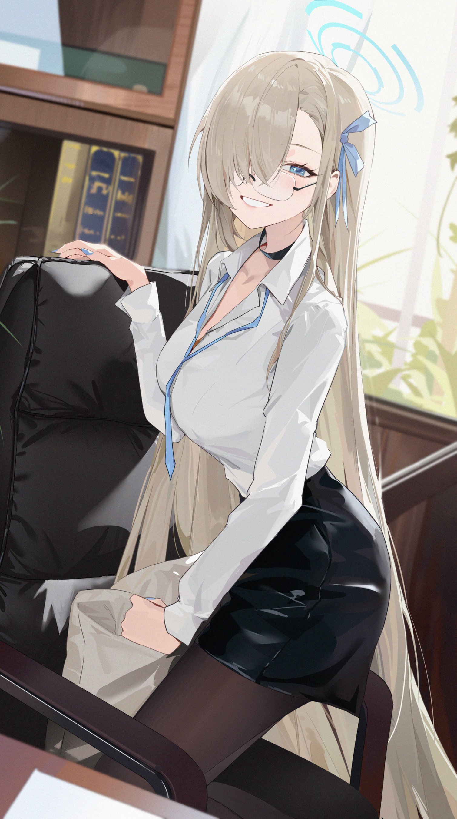 eimizzzzz, asuna (blue archive), blue archive, absurdres, hashtag-only commentary, highres, 1girl, alternate costume, black skirt, blonde hair, blue eyes, blue halo, blue nails, blue ribbon, blush, book, bookshelf, breasts, chair, collared shirt, curtains, desk, dress shirt, glasses, grin, hair over one eye, hair ribbon, halo, long hair, looking at viewer, looking over eyewear, medium breasts, office chair, on chair, pantyhose, paper, pencil skirt, plant, ribbon, shirt, sitting, skirt, smile, solo, swivel chair, very long hair, white shirt, window