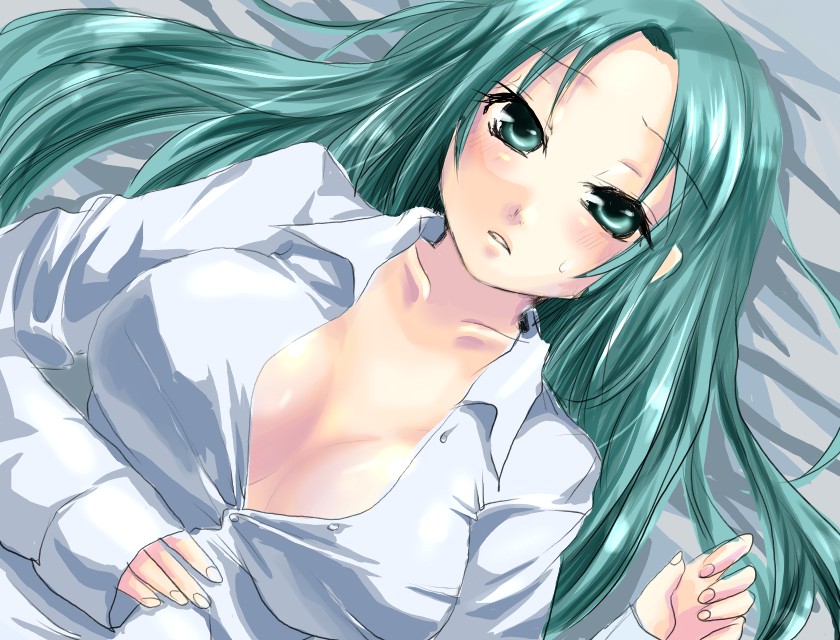 kobanzame, original, bad id, bad pixiv id, 1girl, aqua eyes, aqua hair, blush, breasts, cleavage, collarbone, female focus, from above, green eyes, green hair, large breasts, long hair, lying, matching hair/eyes, no bra, on back, open clothes, open shirt, shirt, solo