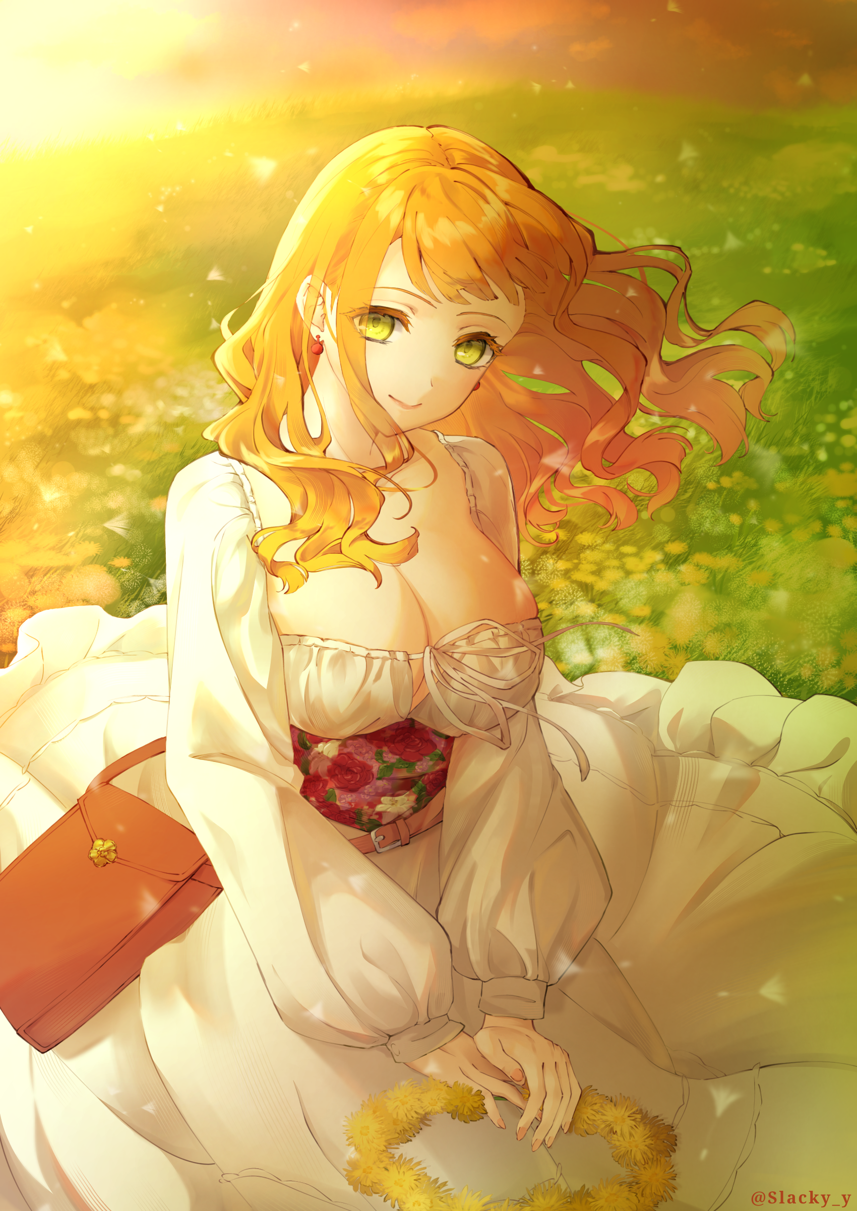 slacky y, mimosa vermillion, black clover, absurdres, highres, 1girl, breasts, cleavage, dress, green eyes, large breasts, long hair, looking at viewer, on grass, orange hair, solo, sunlight
