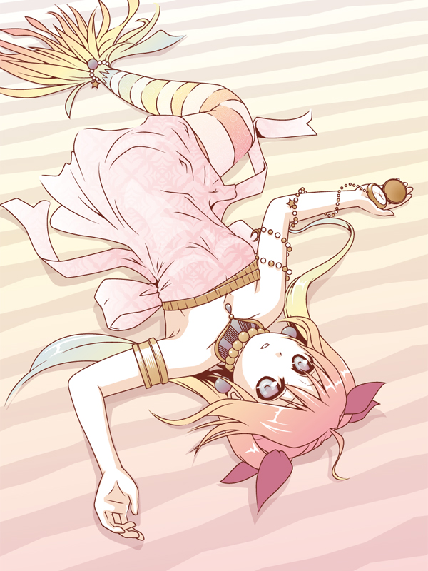 cpu (hexivision), striped, bad id, bad pixiv id, 1girl, armband, armlet, armpits, blue eyes, breasts, cleavage, colorful, dress, earrings, empty eyes, female focus, gradient hair, jewelry, lying, mermaid, monster girl, multicolored hair, necklace, on back, orange hair, outstretched arms, parted lips, pocket watch, small breasts, solo, spread arms, twintails, watch