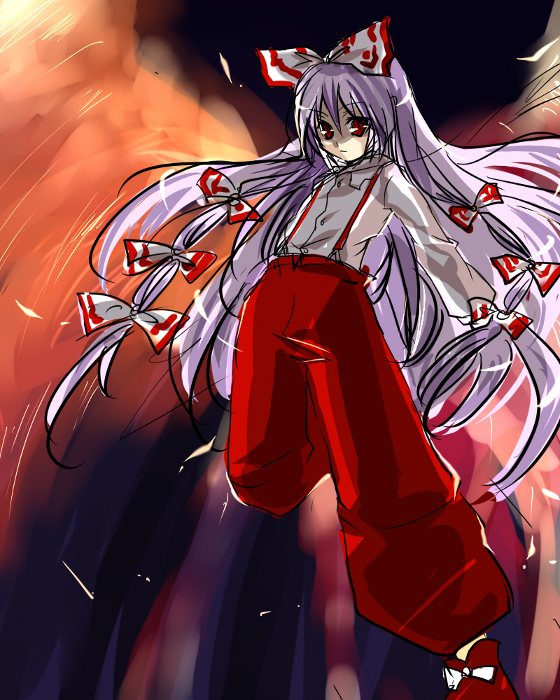 kobanzame, fujiwara no mokou, touhou, silver hair, bad id, bad pixiv id, 1girl, expressionless, female focus, long sleeves, looking at viewer, ofuda, pants, shaded face, shirt, solo, standing, suspenders, white shirt