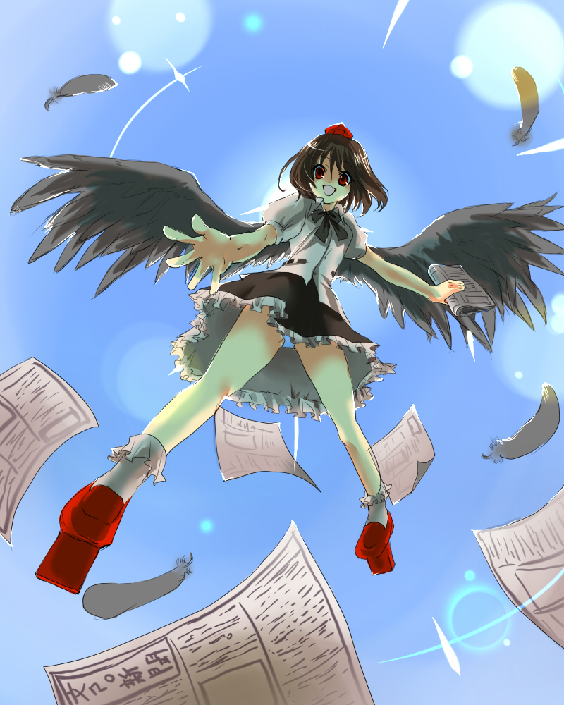 kobanzame, shameimaru aya, touhou, bad id, bad pixiv id, 1girl, black wings, day, feathers, female focus, flying, from below, geta, hat, looking down, newspaper, open mouth, panties, pantyshot, sky, smile, solo, tengu-geta, underwear, wings