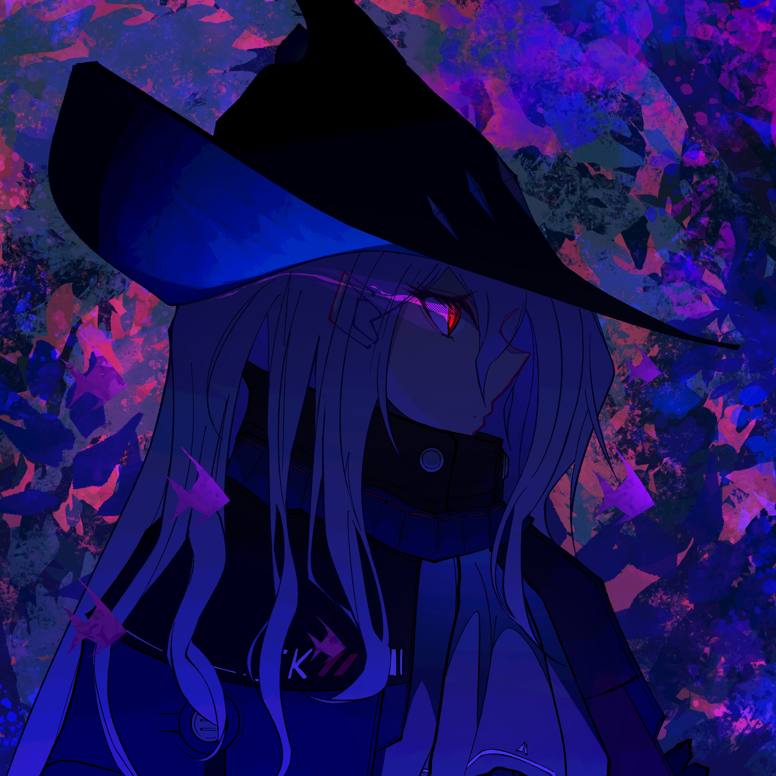 kira guil, skadi (arknights), arknights, absurdres, highres, 1girl, ascot, black hat, cape, detached sleeves, fish, hat, head tilt, jacket, long hair, looking at another, portrait, red eyes, solo, white hair