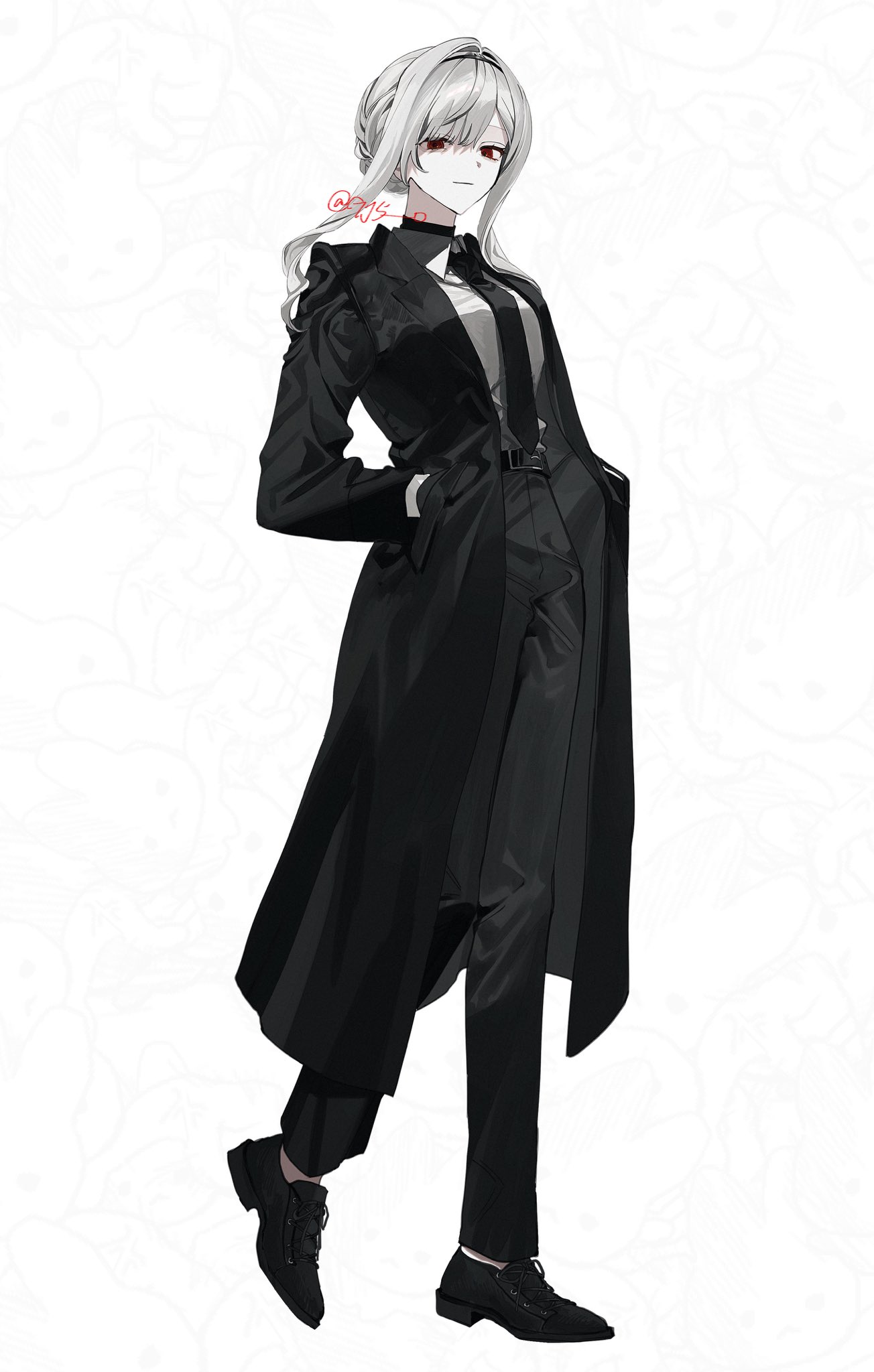 mizu (gj5 o), original, highres, 1girl, belt, black belt, black coat, black gloves, black hairband, black necktie, black pants, black shoes, braid, breasts, closed mouth, coat, collared shirt, facing to the side, full body, gloves, hair intakes, hairband, half up braid, hands in pockets, long coat, long sleeves, looking at viewer, medium breasts, medium hair, necktie, pants, red eyes, shirt, shoes, simple background, solo, swept bangs, watermark, white background, white hair, white shirt