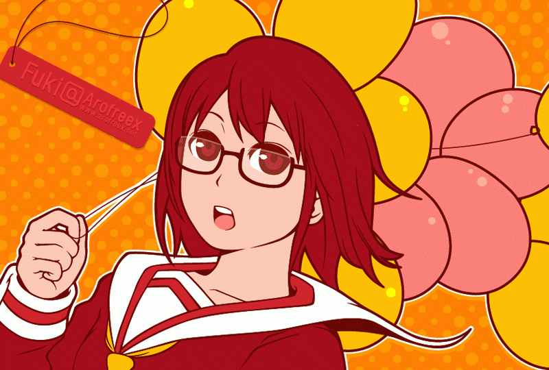 cpu (hexivision), bad id, bad pixiv id, 1girl, balloon, female focus, flat color, glasses, limited palette, open mouth, orange background, school uniform, semi-rimless eyewear, serafuku, solo, upper body
