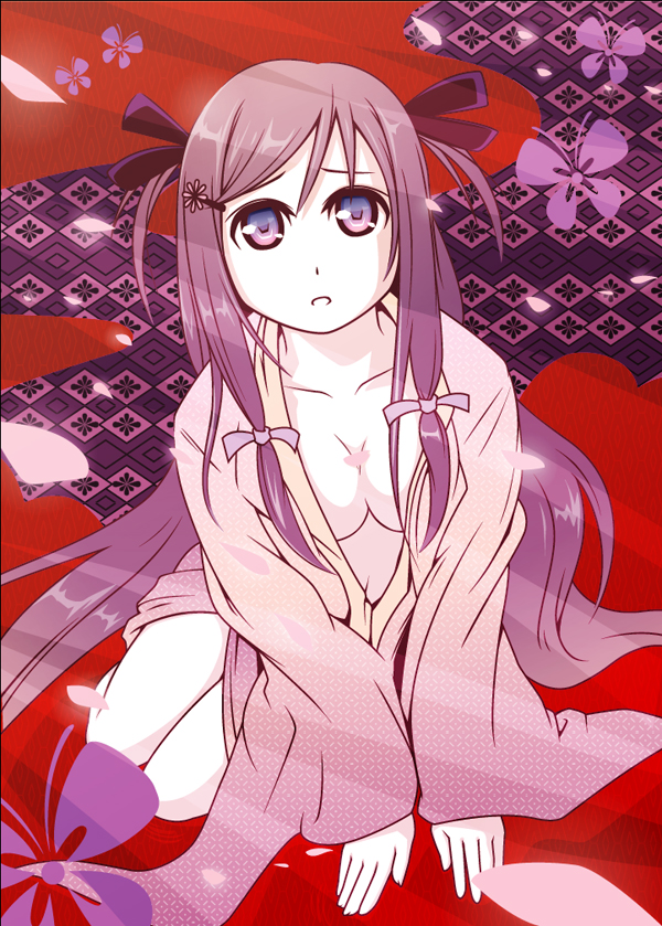 cpu (hexivision), bad id, bad pixiv id, 1girl, breasts, bug, butterfly, cleavage, female focus, hair ornament, hairpin, insect, long hair, medium breasts, open clothes, open shirt, shirt, solo