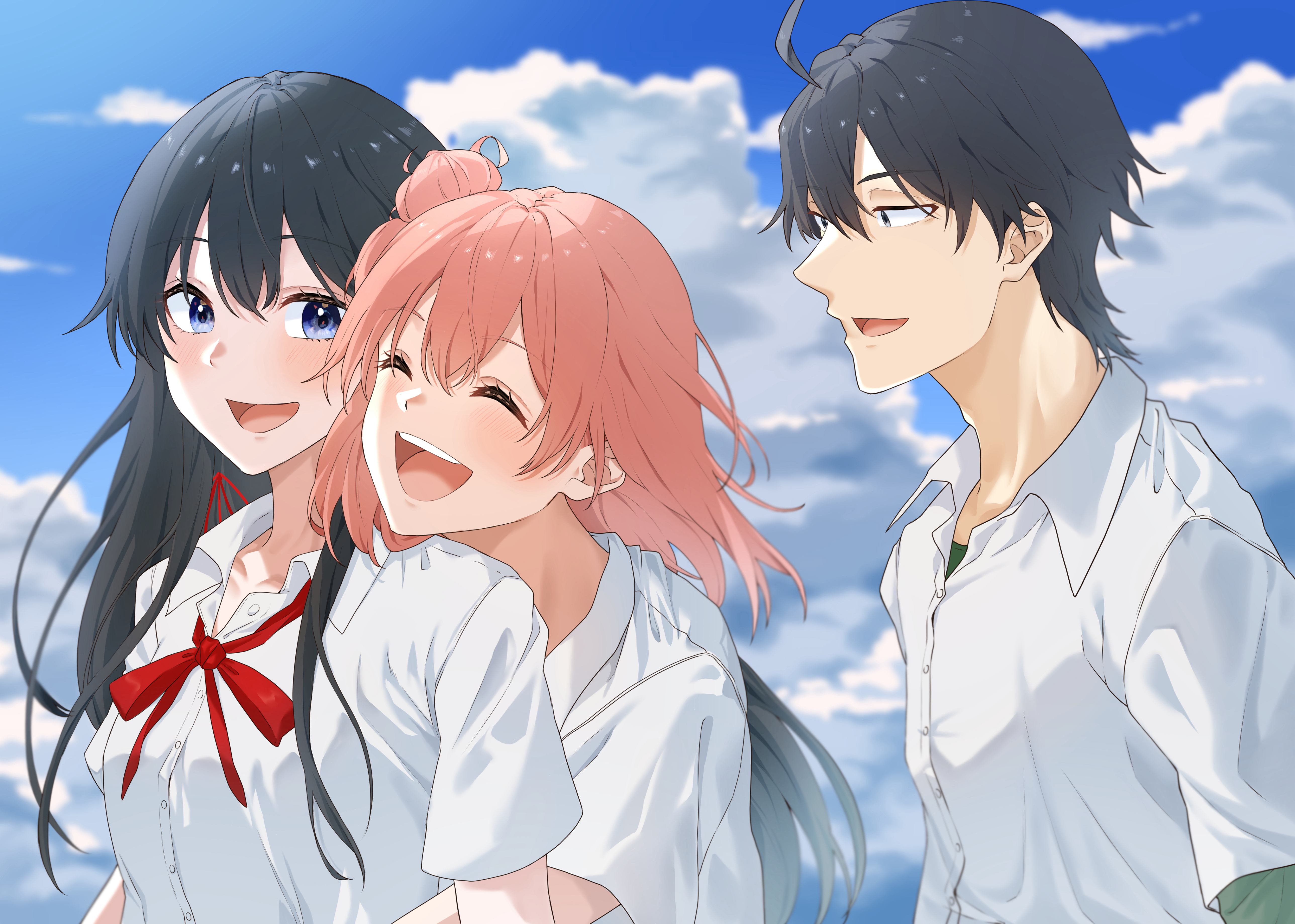 light (lightpicture33), hikigaya hachiman, yuigahama yui, yukinoshita yukino, yahari ore no seishun lovecome wa machigatteiru., absurdres, highres, 1boy, 2girls, black hair, blue eyes, closed eyes, cloud, cloudy sky, collared shirt, from side, hair bun, hair ribbon, head on another's shoulder, hug, hug from behind, long hair, medium hair, multiple girls, neck ribbon, open mouth, red ribbon, ribbon, school uniform, shirt, short hair, single hair bun, single side bun, sky, smile, sobu high school uniform, summer uniform, upper body, white shirt, yuri