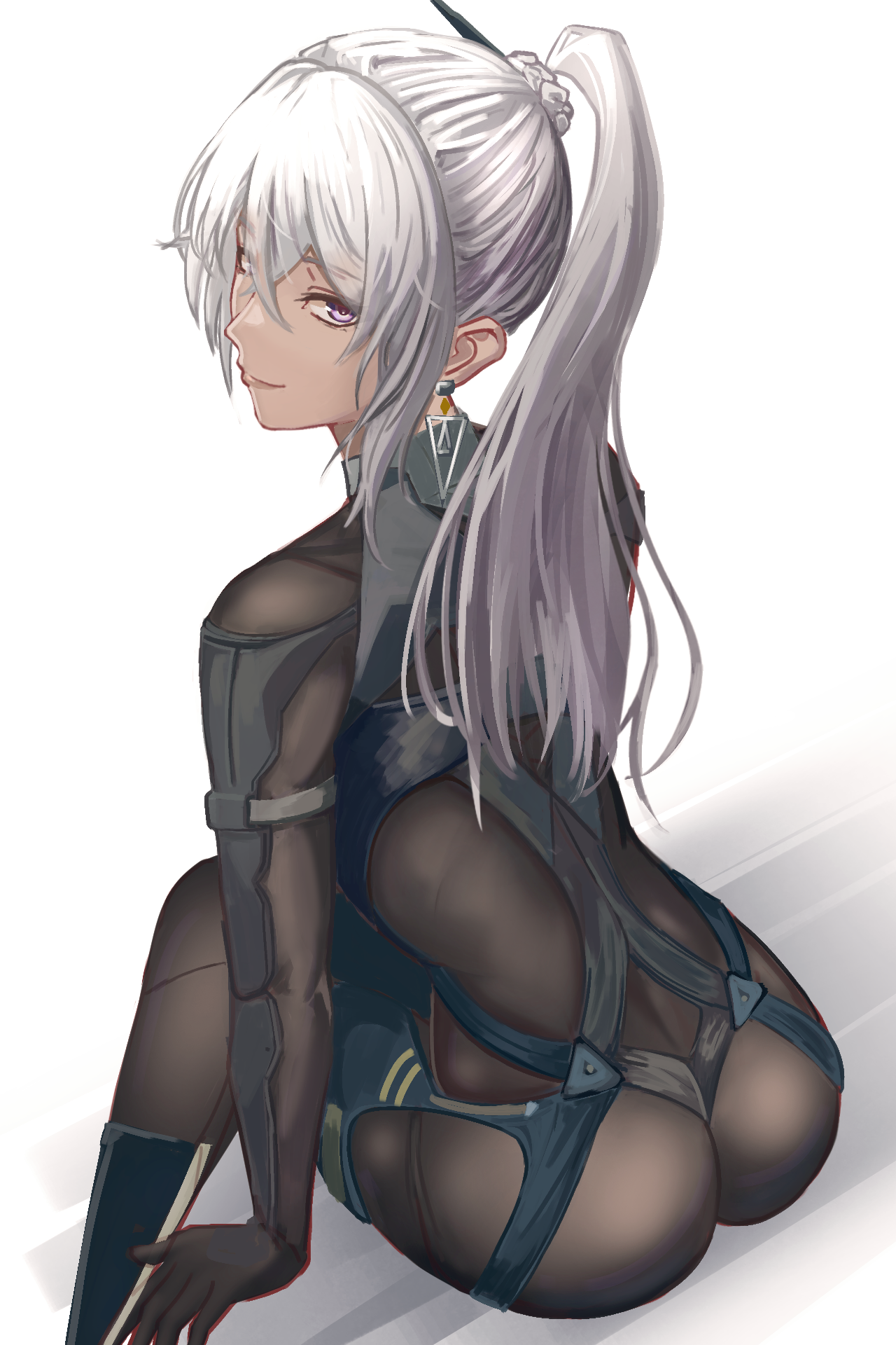 replikia, nemesis (girls' frontline 2), girls' frontline, girls' frontline 2: exilium, commentary request, highres, 1girl, armored bodysuit, ass, bodysuit, crossed legs, dark-skinned female, dark skin, double-parted bangs, earrings, floating earrings, grey hair, jewelry, leaning forward, light smile, long hair, looking at viewer, looking back, ponytail, purple eyes, simple background, sitting, solo, white background