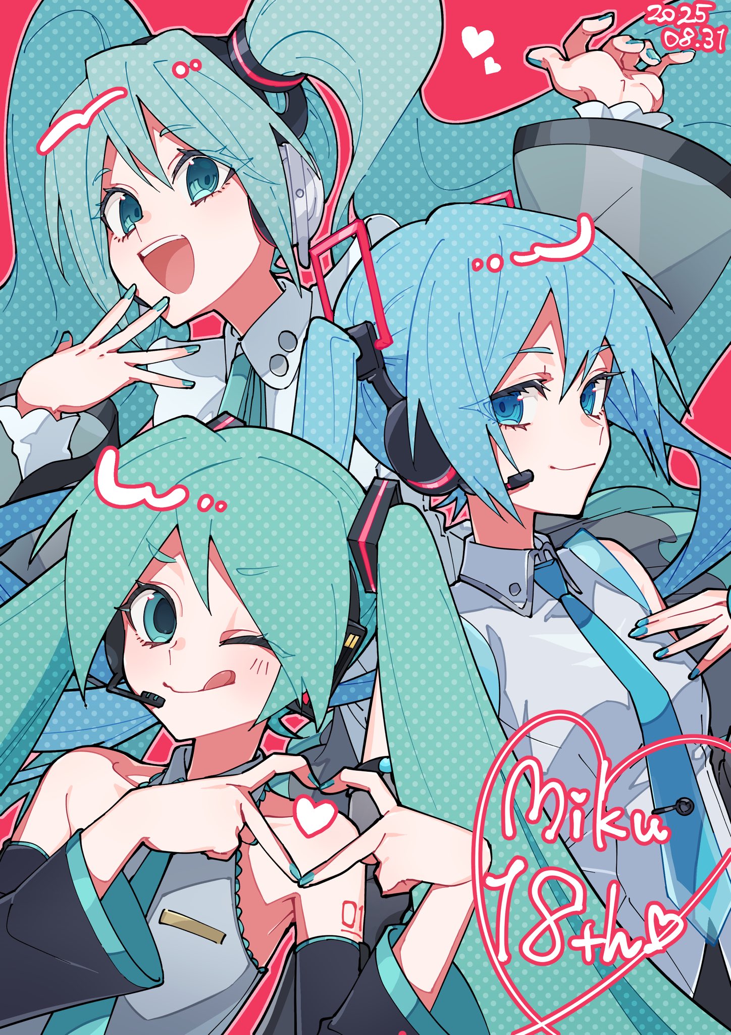 odd (miyoru), hatsune miku, hatsune miku (nt), hatsune miku (vocaloid4), vocaloid, commentary, highres, 3girls, aqua eyes, aqua hair, aqua nails, aqua necktie, blue eyes, blue hair, blue nails, blue necktie, character name, closed mouth, dated, four-finger heart hands, green eyes, green hair, green nails, headphones, heart, heart hands, long hair, looking at viewer, microphone, multiple girls, multiple persona, necktie, open mouth, polka dot, polka dot hair, red background, smile, teeth, tongue, tongue out, twintails, upper teeth only