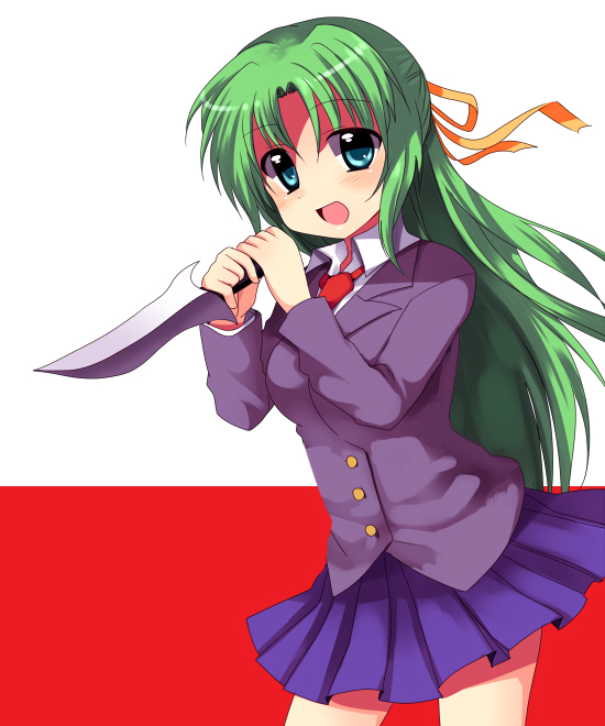 subaru (yachika), sonozaki shion, higurashi no naku koro ni, 00s, 1girl, bow, female focus, green eyes, green hair, hair bow, half updo, knife, long hair, matching hair/eyes, school uniform, serafuku, skirt, solo, standing