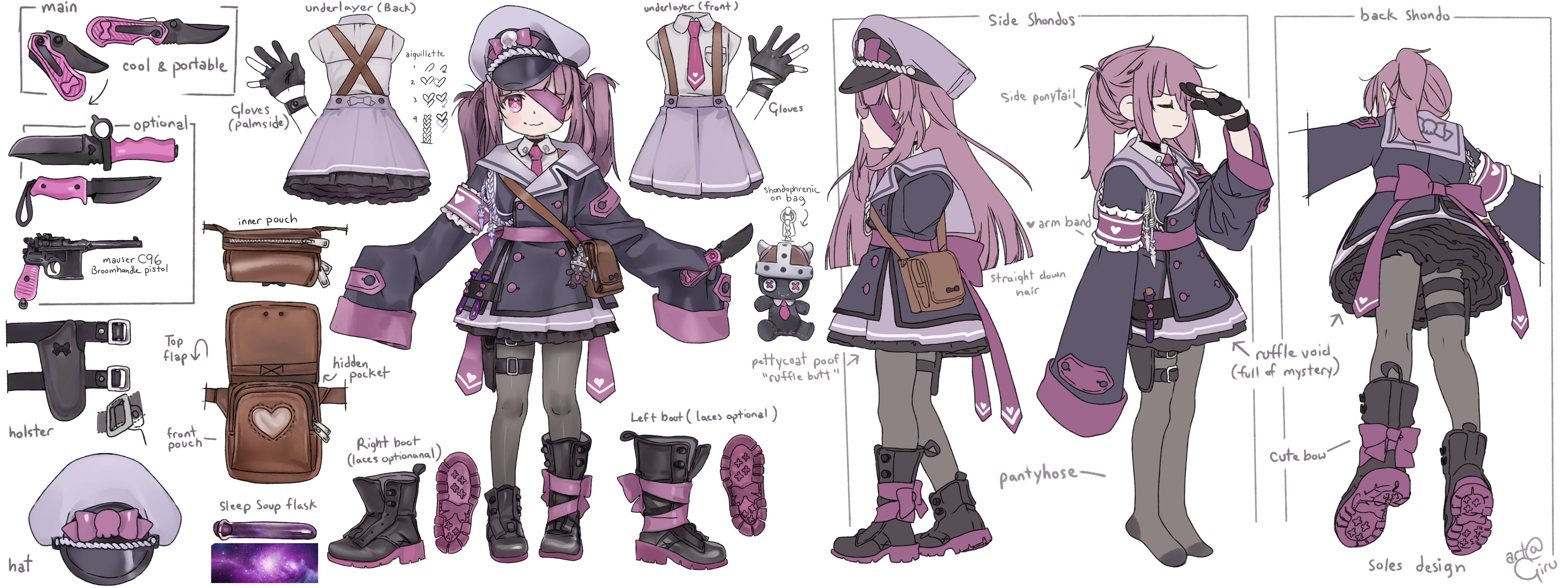 girutea, fallenshadow, indie virtual youtuber, absurdres, highres, second-party source, 1girl, armband, artist name, asymmetrical footwear, bag, black boots, black jacket, boots, bow, brown bag, closed eyes, collared shirt, eyepatch, gloves, grey hat, gun, handbag, handgun, hat, heart, holster, jacket, knife, long hair, mauser c96, multiple views, necktie, official alternate hairstyle, pantyhose, partially fingerless gloves, peaked cap, pocket, pouch, purple armband, purple bow, purple hair, purple necktie, purple ribbon, purple skirt, reference sheet, ribbon, shirt, side ponytail, skirt, sleeves past fingers, sleeves past wrists, twintails, virtual youtuber, weapon, white shirt, zipper, zipper pull tab