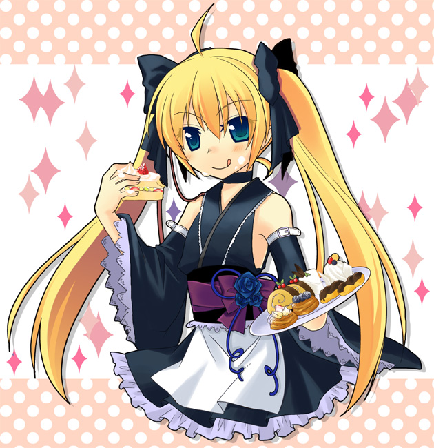 tamura hiro, 1girl, blonde hair, cowboy shot, female focus, food, hair ribbon, ribbon, solo, standing, twintails, waitress, white background