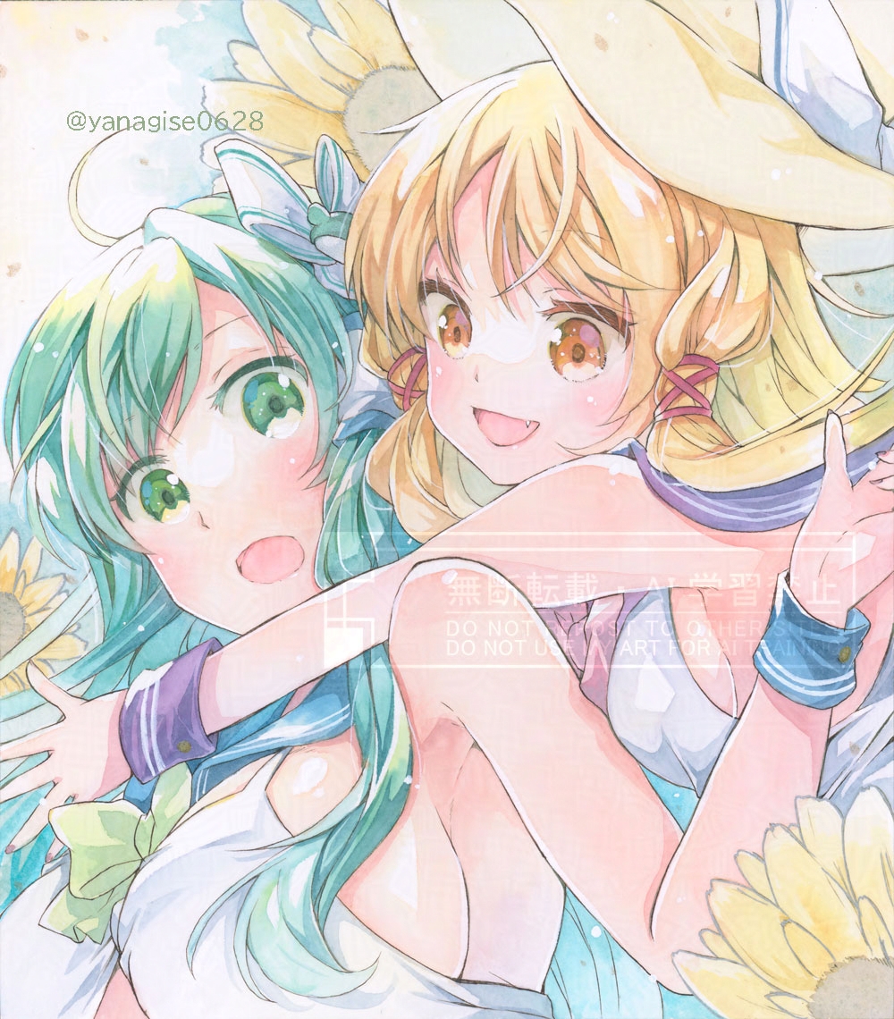yanagise, kochiya sanae, moriya suwako, touhou, painting (medium), traditional media, watercolor (medium), 2girls, :d, :o, armpits, artist name, bare shoulders, bikini, blonde hair, blue sailor collar, blush, bow, breasts, brown eyes, dot nose, flower, frog hair ornament, green eyes, green hair, hair bow, hair ornament, hair ribbon, hair tubes, hat, hug, large breasts, looking at viewer, multiple girls, open mouth, red ribbon, ribbon, sailor collar, sideboob, sidelocks, single hair tube, single sidelock, small breasts, smile, sunflower, swimsuit, twitter username, upper body, watermark, white bikini