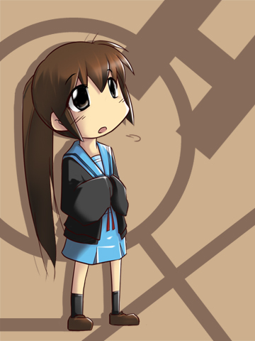 namuru, num, kyon, kyonko, suzumiya haruhi no yuuutsu, gender request, lowres, 00s, 1girl, brown hair, cardigan, female focus, genderswap, long hair, looking up, ponytail, school uniform, serafuku, solo