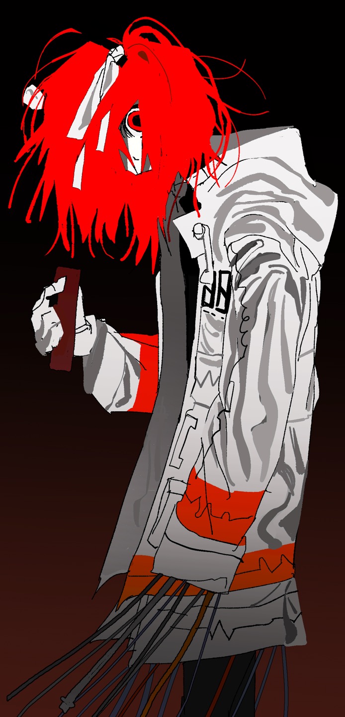 goguma wagamja, adachi rei, a.i. voice, netsu ijou (utau), utau, commentary request, highres, 1girl, black background, black shirt, cable, contrast, empty eyes, feet out of frame, floating hair, from side, gloves, gradient background, hair over face, hair ribbon, hand up, head down, holding, hood, hood down, hooded jacket, jacket, long sleeves, looking at viewer, looking to the side, medium hair, open clothes, open jacket, orange hair, ribbon, shirt, single sleeve past fingers, solo, standing, staring, white gloves, white jacket, white ribbon, wide-eyed