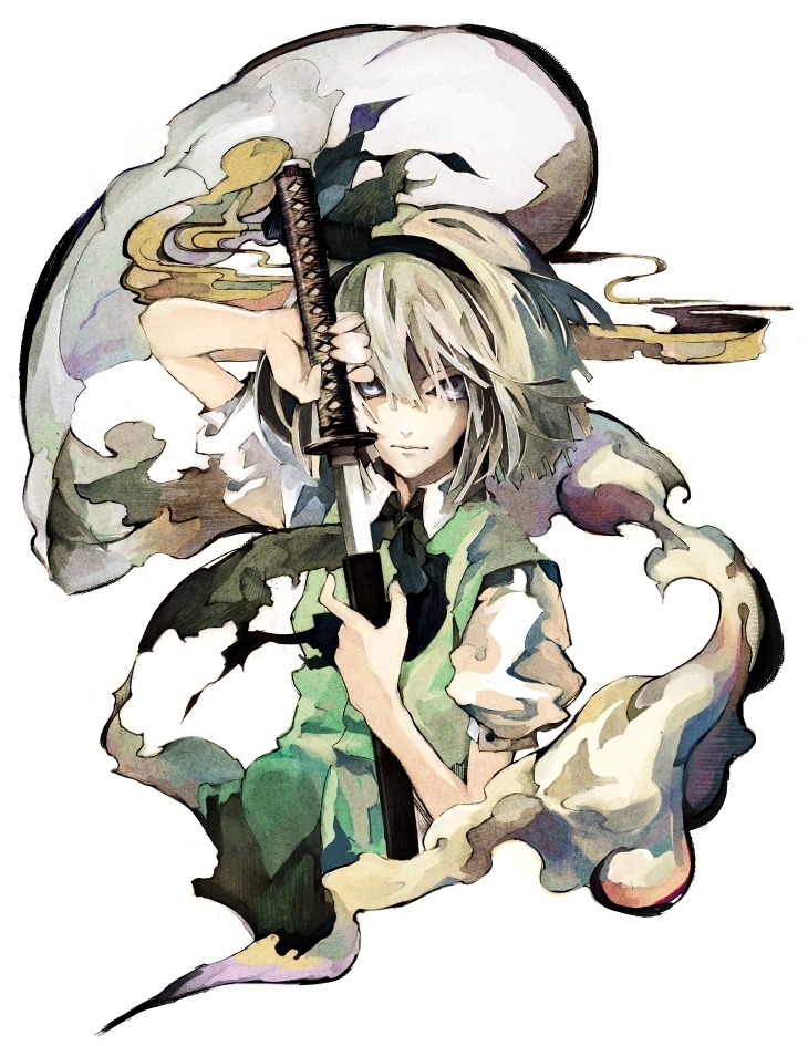 banpai akira, konpaku youmu, konpaku youmu (ghost), touhou, 1girl, ascot, dress, female focus, hairband, hitodama, katana, puffy sleeves, sheath, short hair, solo, sword, unsheathing, upper body, weapon, white eyes, white hair