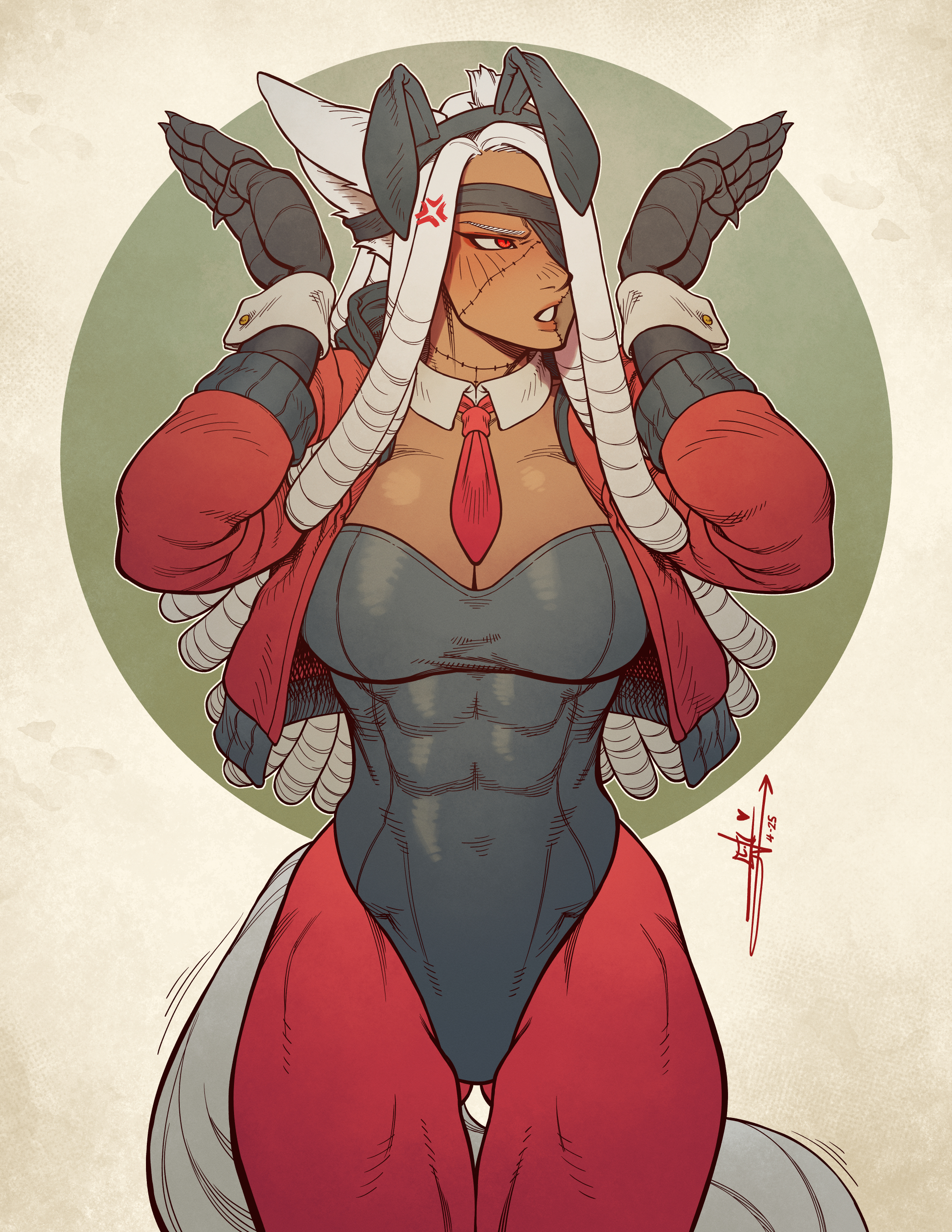 joseph virtuoso, original, character request, 1girl, abs, adapted costume, anger vein, animal ears, bandages, blush, breasts, dark-skinned female, dark skin, dreadlocks, embarrassed, fake animal ears, jacket, large breasts, leotard, long hair, muscular, muscular female, necktie, playboy bunny, stitches, tail, white hair, wrist cuffs