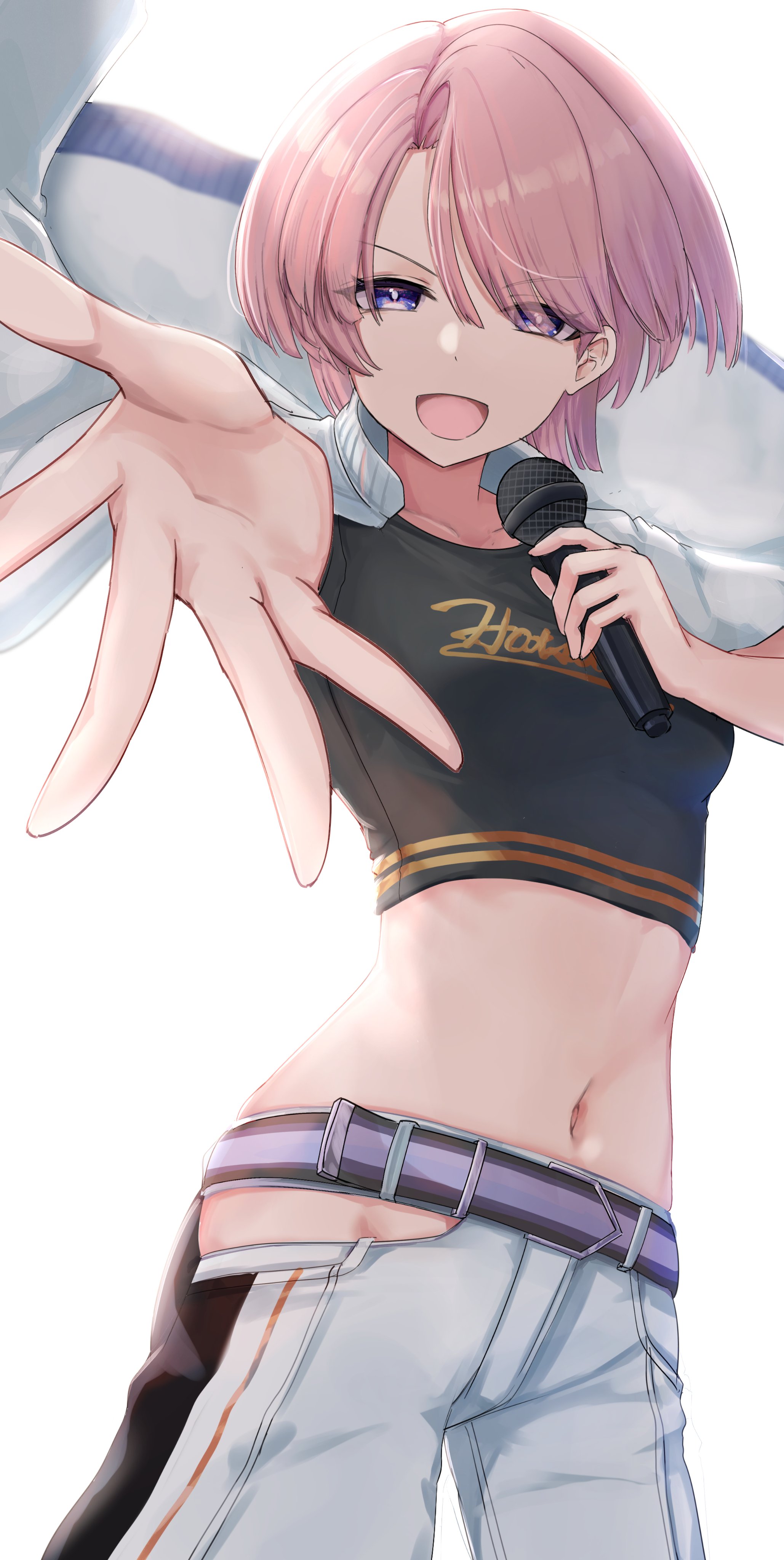 miyama mizuki (hoshihoshi1220), arimura mao, gakuen idolmaster, idolmaster, absurdres, commentary, commentary request, english commentary, highres, mixed-language commentary, 1girl, belt, black shirt, bright pupils, cape, clothing cutout, collarbone, cowboy shot, crop top, cropped shirt, eyes visible through hair, hair over one eye, hand up, holding, holding microphone, long bangs, microphone, navel, open mouth, outstretched arm, pants, parted bangs, pink hair, purple eyes, reaching, reaching towards viewer, shirt, short hair, simple background, smile, solo, standing, stomach, striped belt, v-shaped eyebrows, white background, white cape, white pants, white pupils