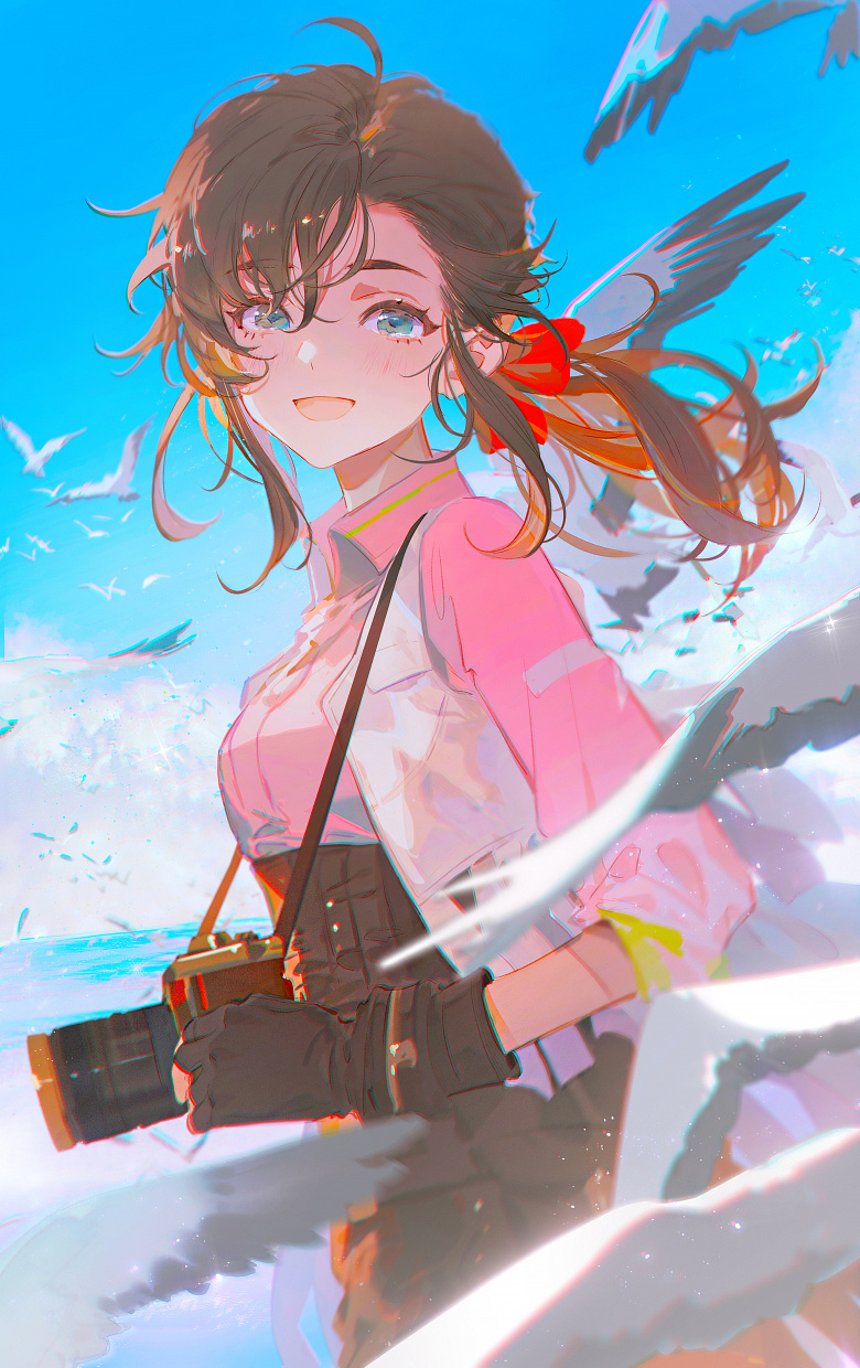 mian lang, highres, 1girl, bird, black gloves, camera, cenying (gujian qitan), cloud, gloves, green eyes, gujian qitan 3, long hair, open mouth, sky, smile, solo