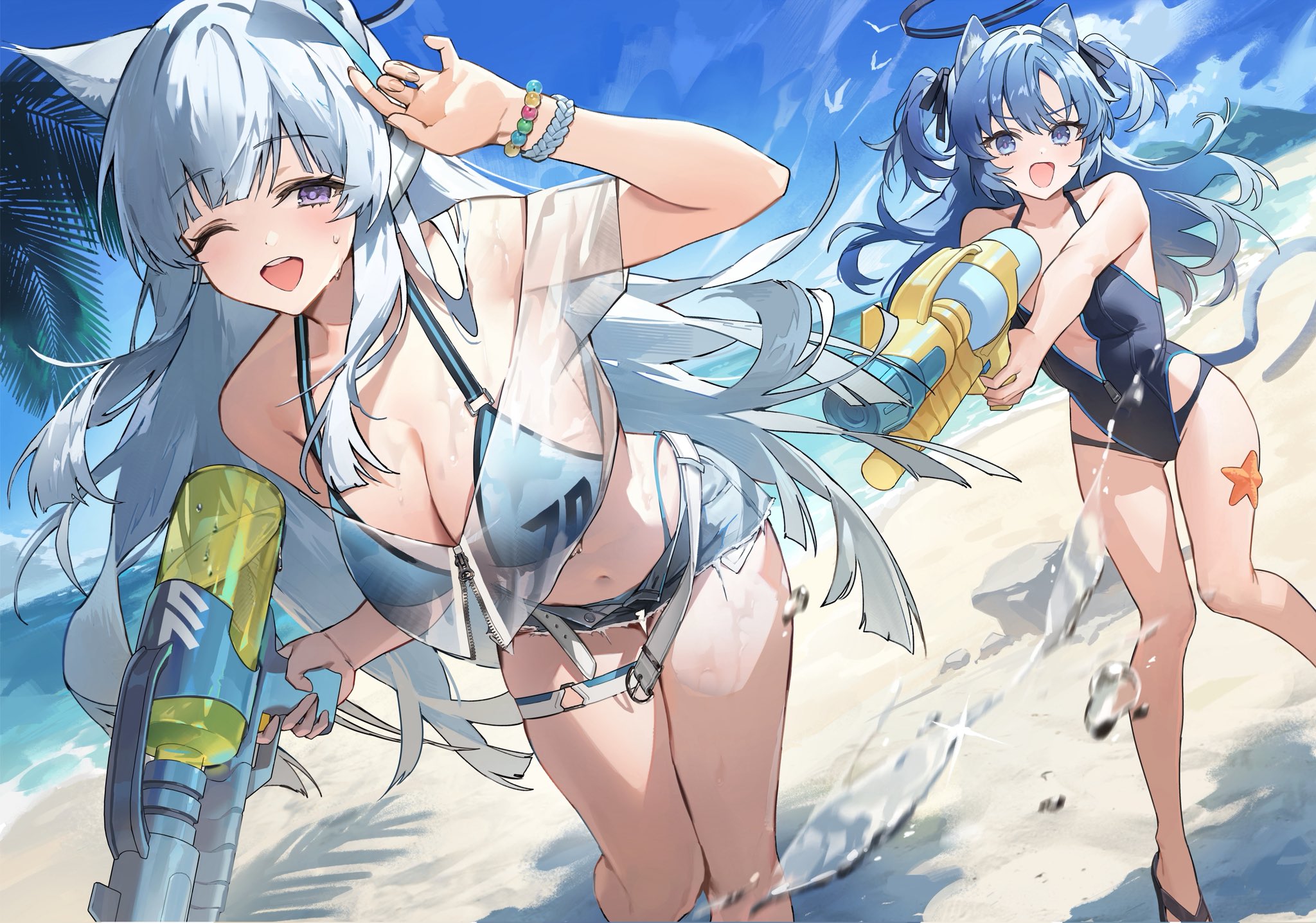 hy (hem oo), noa (blue archive), yuuka (blue archive), blue archive, highres, 2girls, alternate costume, animal ears, aqua hair, beach, bead bracelet, beads, belt, bikini, blue eyes, bracelet, breasts, cat ears, cat girl, cat tail, cleavage, crop top, denim, denim shorts, hair between eyes, halo, highleg, highleg bikini, holding, holding water gun, jewelry, kemonomimi mode, large breasts, long hair, looking at viewer, midriff, multiple girls, navel, one eye closed, open fly, open mouth, purple eyes, shorts, smile, starfish, swimsuit, tail, thighlet, twintails, water gun, wet, white hair, wrist belt, wristband