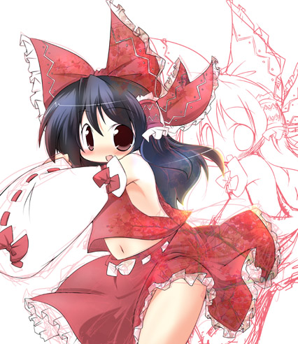 muuba, hakurei reimu, touhou, lowres, 1girl, bare shoulders, detached sleeves, female focus, long hair, long sleeves, looking at viewer, navel, red eyes, red skirt, ribbon-trimmed sleeves, ribbon trim, simple background, skirt, solo, thighs, vest, white background, zoom layer