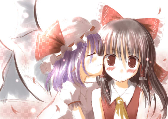 mashayuki, hakurei reimu, remilia scarlet, touhou, 2girls, bare shoulders, bat wings, blue hair, blush, bow, brown eyes, brown hair, closed eyes, detached sleeves, female focus, hair bow, hat, japanese clothes, kiss, miko, multiple girls, sketch, white hat, wings, yuri