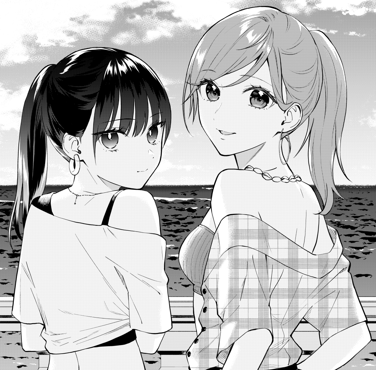 original, commentary request, highres, 2girls, bra, closed mouth, earrings, from behind, greyscale, hoop earrings, horizon, jewelry, long hair, looking at viewer, looking back, monochrome, multiple girls, necklace, ocean, off-shoulder shirt, off shoulder, open clothes, open shirt, parted lips, plaid clothes, plaid shirt, ponytail, shirt, short sleeves, sky, smile, strapless, strapless bra, summer, tareme, tsurime, turning head, undershirt, underwear, upper body, xlz7q2