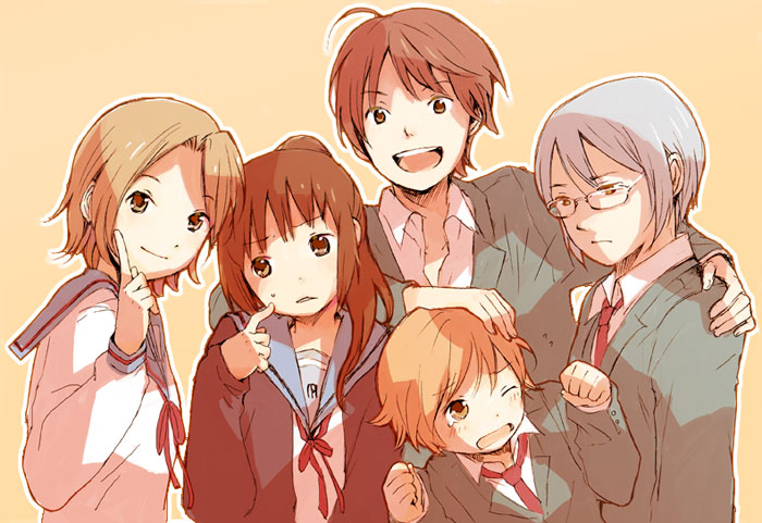 wakana (nagomoo), asahina mikuru, asahina mitsuru, koizumi itsuki, koizumi itsuki (female), kyon, kyonko, nagato yuki, nagato yuuki, suzumiya haruhi, suzumiya haruhiko, suzumiya haruhi no yuuutsu, beige background, silver hair, bad id, bad pixiv id, 00s, 2girls, 3boys, :d, ;o, blush, from side, genderswap, genderswap (ftm), genderswap (mtf), hand on another's head, height difference, long sleeves, looking at viewer, multiple boys, multiple girls, necktie, one eye closed, open mouth, ponytail, red necktie, round teeth, sailor collar, school uniform, serafuku, simple background, smile, teeth, wince