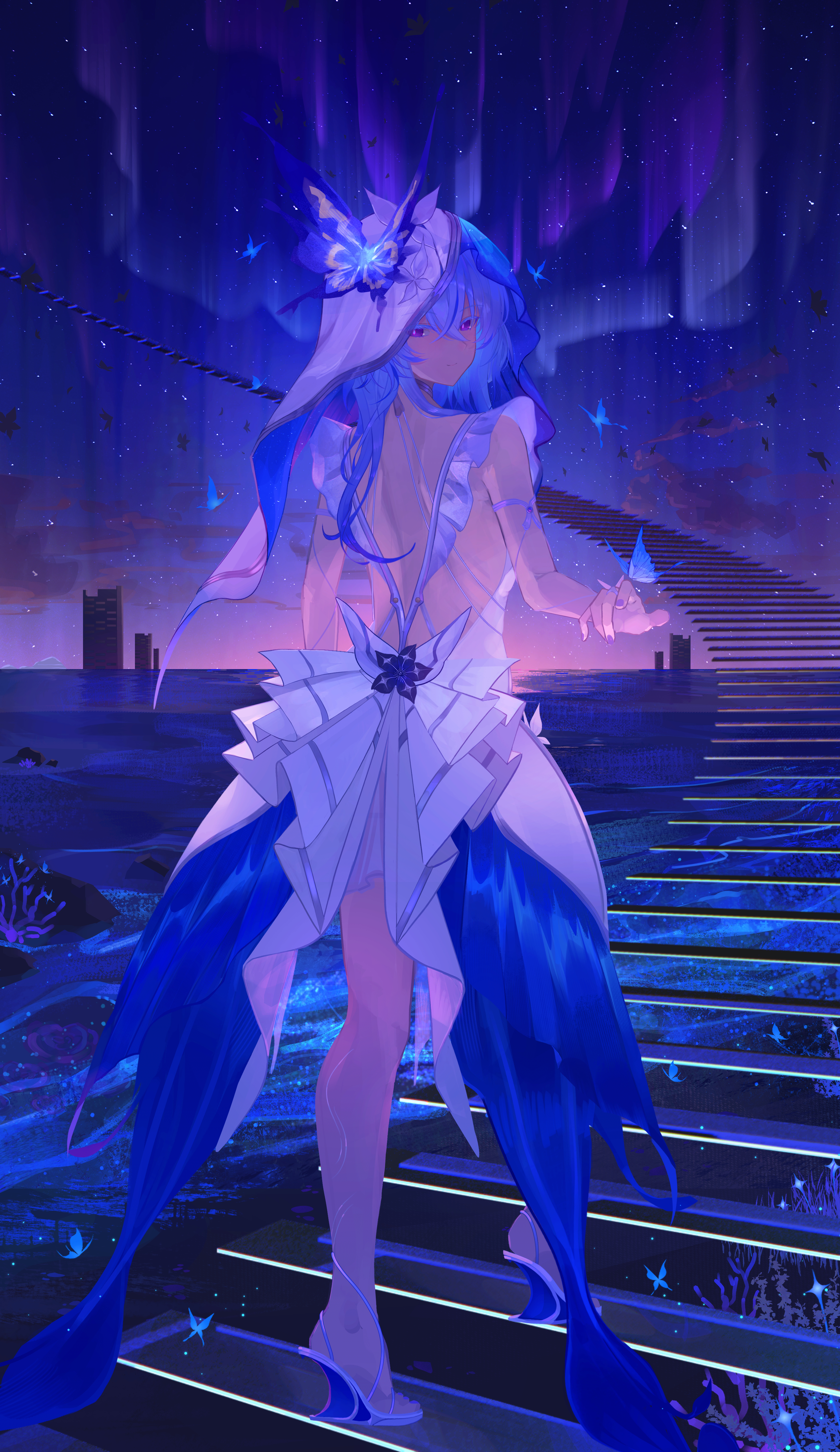 kira guil, shorekeeper (wuthering waves), wuthering waves, absurdres, highres, 1girl, armlet, black flower, blake bloom (wuthering waves), blue butterfly, blue hair, blue nails, blue theme, blue veil, breasts, bug, butterfly, butterfly on hand, closed mouth, colored eyelashes, dress, flower, full body, hair between eyes, hair flower, hair ornament, heel-less heels, high heel sandals, insect, jewelry, long hair, looking back, medium breasts, nail polish, on stairs, purple eyes, sandals, sleeveless, sleeveless dress, solo, stairs, two-tone veil, veil, white dress, white veil