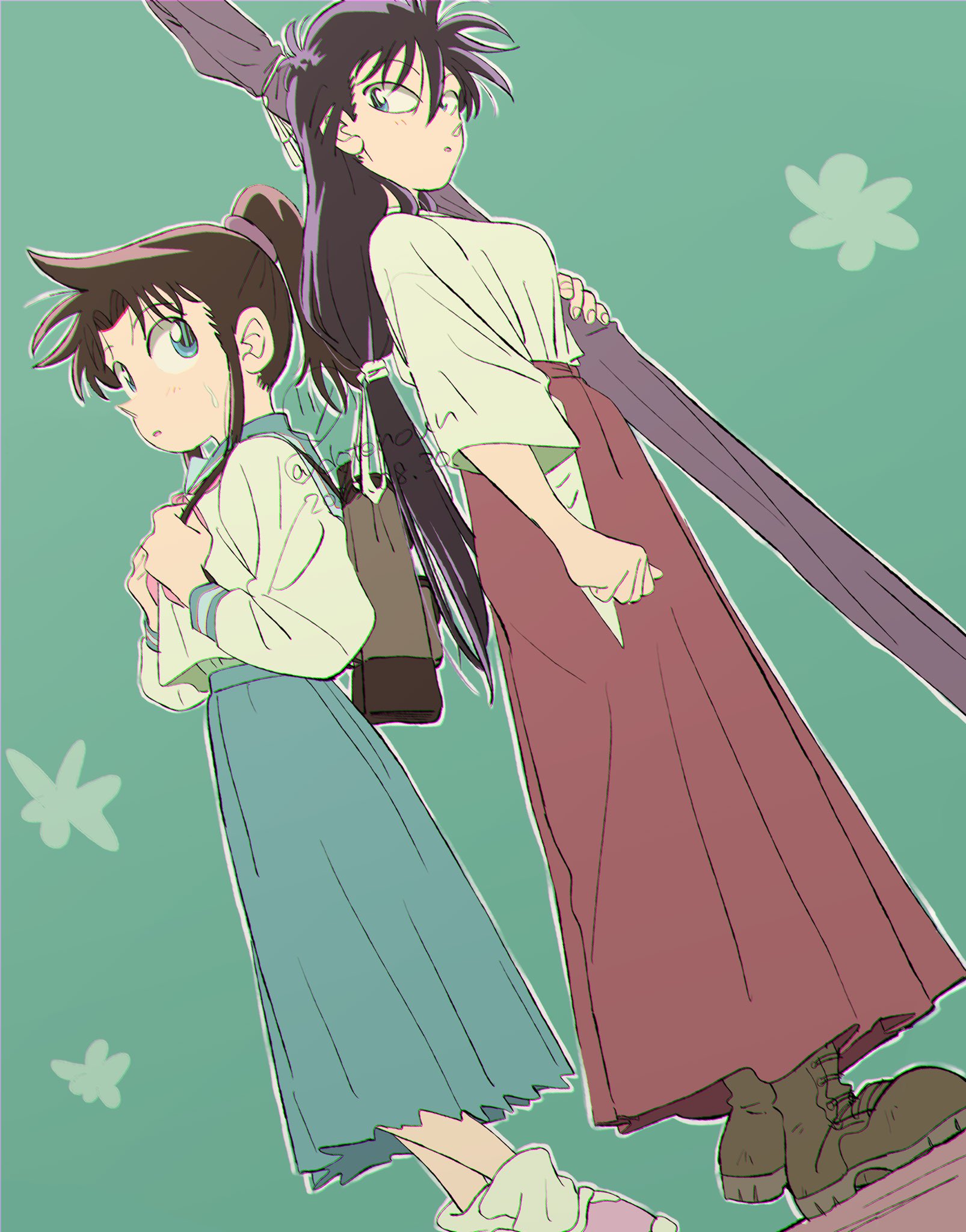 mine sayaka, yamato nadeshiko (yaiba), yaiba, highres, 2girls, bag, blue eyes, blue sailor collar, blue skirt, boots, breasts, brown hair, hakama, hakama skirt, holding, holding polearm, holding weapon, japanese clothes, long hair, long sleeves, multiple girls, naginata, neckerchief, open mouth, polearm, ponytail, red hakama, sailor collar, school uniform, serafuku, shirt, shoes, skirt, sweatdrop, tsuroru, weapon, white shirt