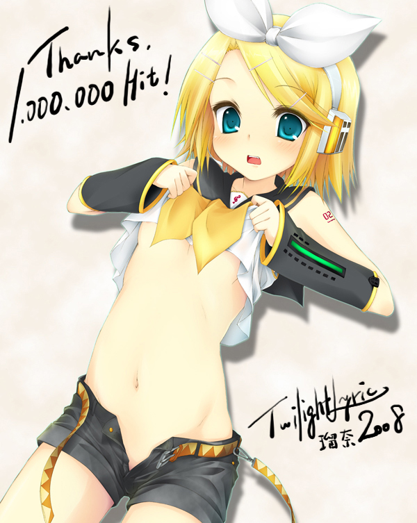 luna lia, kagamine rin, vocaloid, 1girl, belt, blonde hair, blue eyes, bow, breasts, clothes lift, female focus, lifting own clothes, milestone celebration, navel, no bra, no panties, open belt, open fly, shirt lift, short hair, short shorts, shorts, signature, small breasts, solo, unbuckled, unbuttoned, underboob, undressing, unzipped