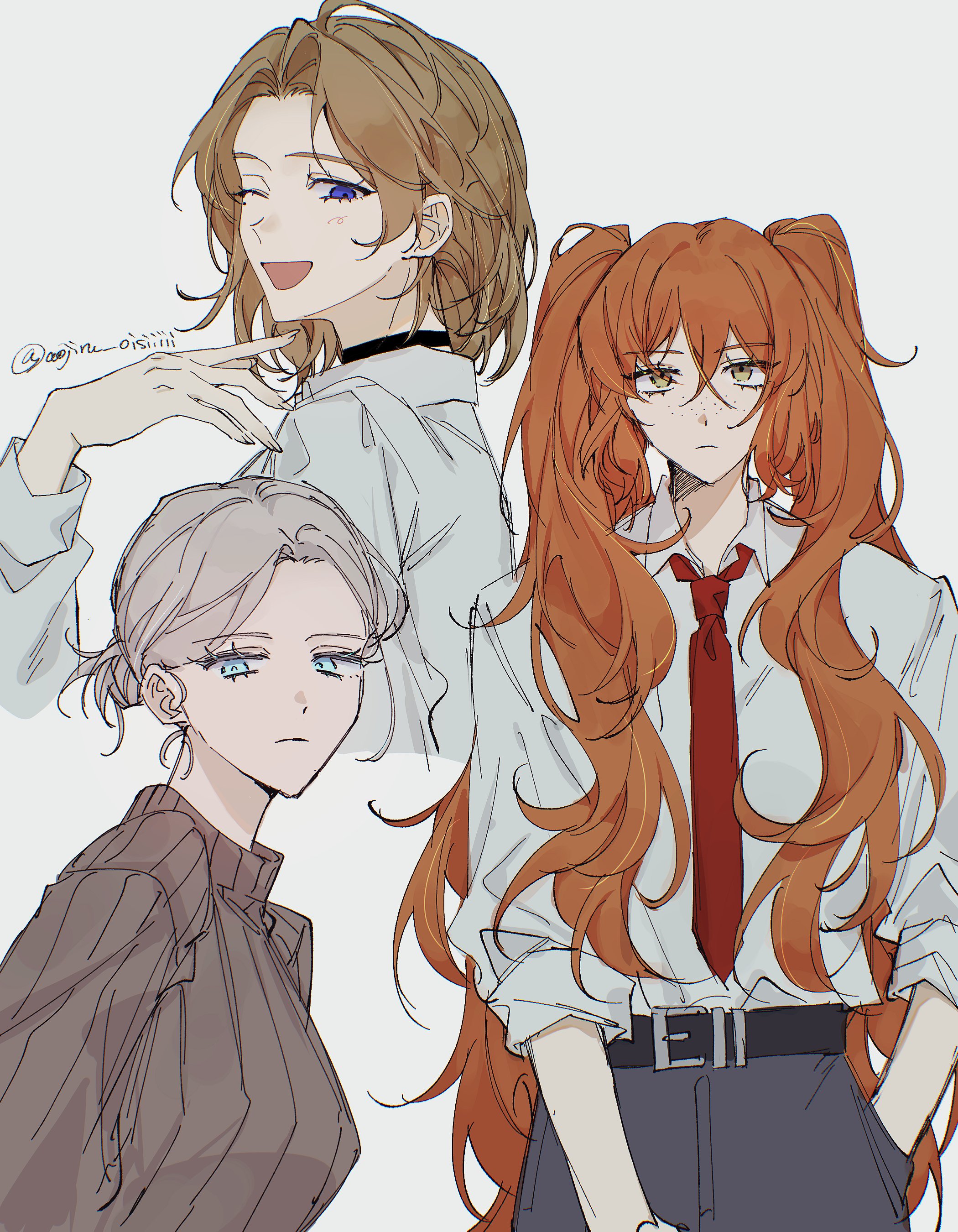 aojiru oisiiiii, ishmael (project moon), rodion (project moon), limbus company, project moon, absurdres, highres, alternate hairstyle, blue eyes, freckles, necktie, one eye closed, orange hair, red necktie, simple background, sweater, turtleneck, turtleneck sweater, twintails, twitter username, white background, white hair