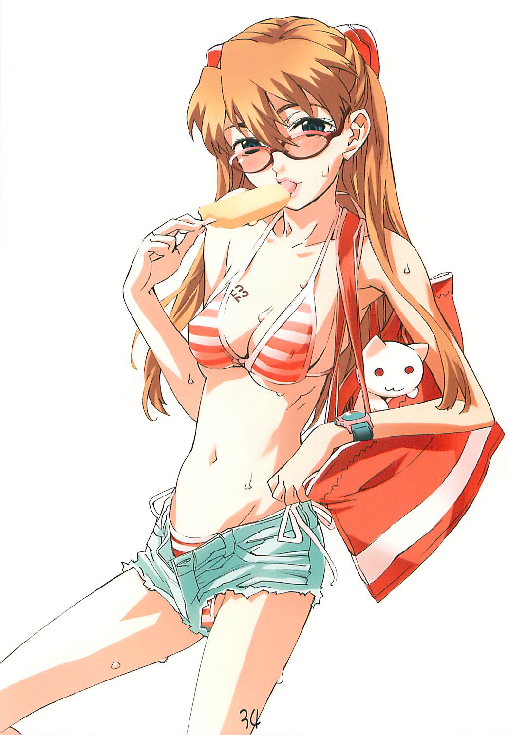 nishieda, souryuu asuka langley, neon genesis evangelion, highres, 1girl, bikini, blue eyes, breasts, cat, cleavage, female focus, food, glasses, medium breasts, orange bikini, popsicle, sexually suggestive, simple background, solo, swimsuit