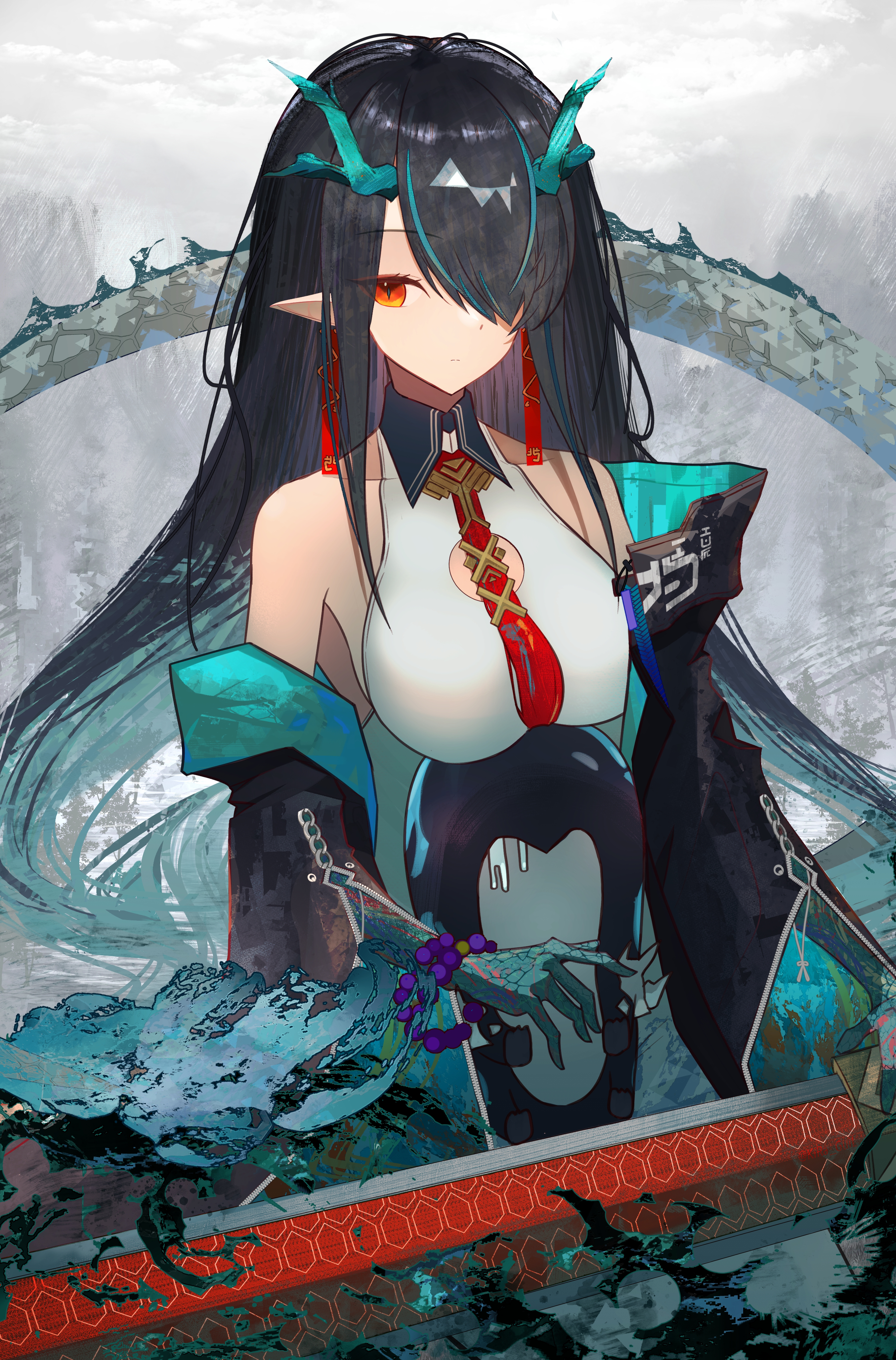 kira guil, dusk (arknights), arknights, absurdres, commentary, highres, 1girl, aqua coat, aqua hair, beads, black coat, black hair, breasts, closed mouth, coat, cowboy shot, dragon girl, dress, earrings, eastern dragon horns, eastern dragon tail, expressionless, eyeliner, fire, flame-tipped tail, from side, hair over one eye, jewelry, long hair, looking at viewer, makeup, medium breasts, multicolored coat, multicolored hair, necktie, off shoulder, open clothes, open coat, pointy ears, prayer beads, red eyeliner, red eyes, red necktie, sidelocks, sky, sleeveless, sleeveless dress, slit pupils, solo, standing, streaked hair, tail, tassel, tassel earrings, two-tone coat, two-tone hair, wavy hair, white dress, white sky