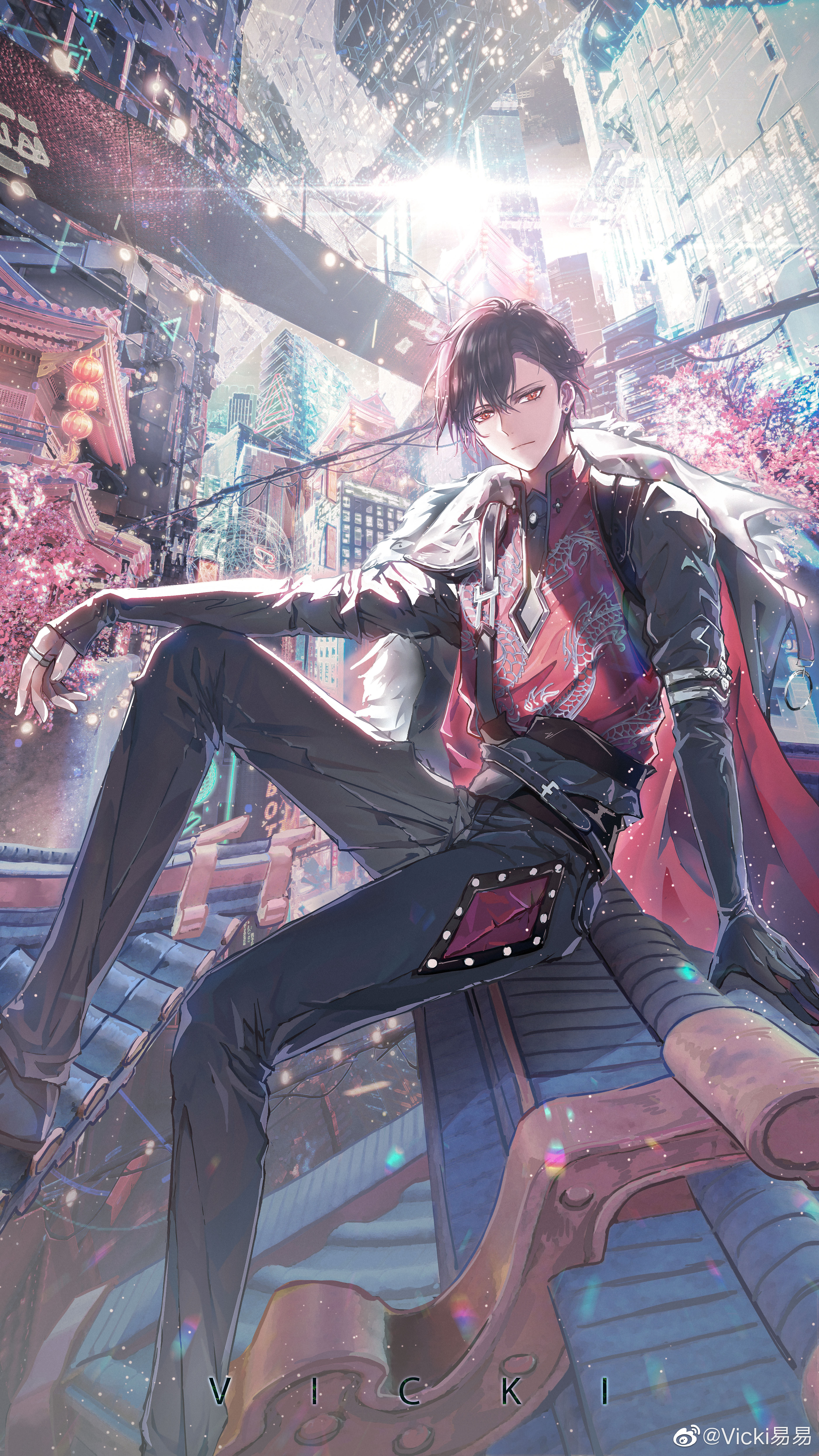vicki yiyi, ayn alwyn, ayn alwyn (awakening), lovebrush chronicles, absurdres, chinese commentary, highres, 1boy, architecture, arm on knee, arm support, arm warmers, armlet, artist name, belt, black arm warmers, black belt, black coat, black gloves, black hair, black pants, black shirt, black shoes, bridge, building, cherry blossoms, cityscape, closed mouth, coat, coat on shoulders, diamond-shaped earrings, diamond (shape), dragon print, earrings, east asian architecture, elbow gloves, expressionless, feet out of frame, flower, foot dangle, fur-trimmed coat, fur trim, gloves, hair behind ear, hair between eyes, jewelry, knee up, lantern, light particles, long sleeves, looking at viewer, male focus, multiple rings, on roof, pants, paper lantern, pink flower, power lines, red coat, red eyes, red vest, ring, science fiction, shirt, shoes, short hair, single arm warmer, single glove, sitting, skyscraper, solo, stud earrings, sun, tile roof, tree, two-sided coat, two-sided fabric, vest, watermark, weibo watermark