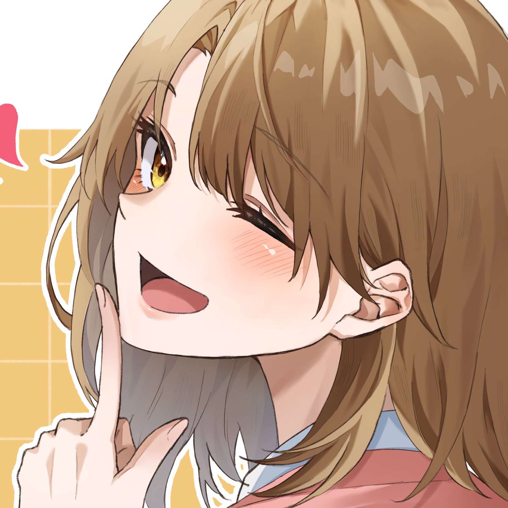 light (lightpicture33), isshiki iroha, yahari ore no seishun lovecome wa machigatteiru., commentary request, highres, 1girl, blush, brown hair, finger to mouth, heart, medium hair, one eye closed, open mouth, portrait, solo, yellow eyes