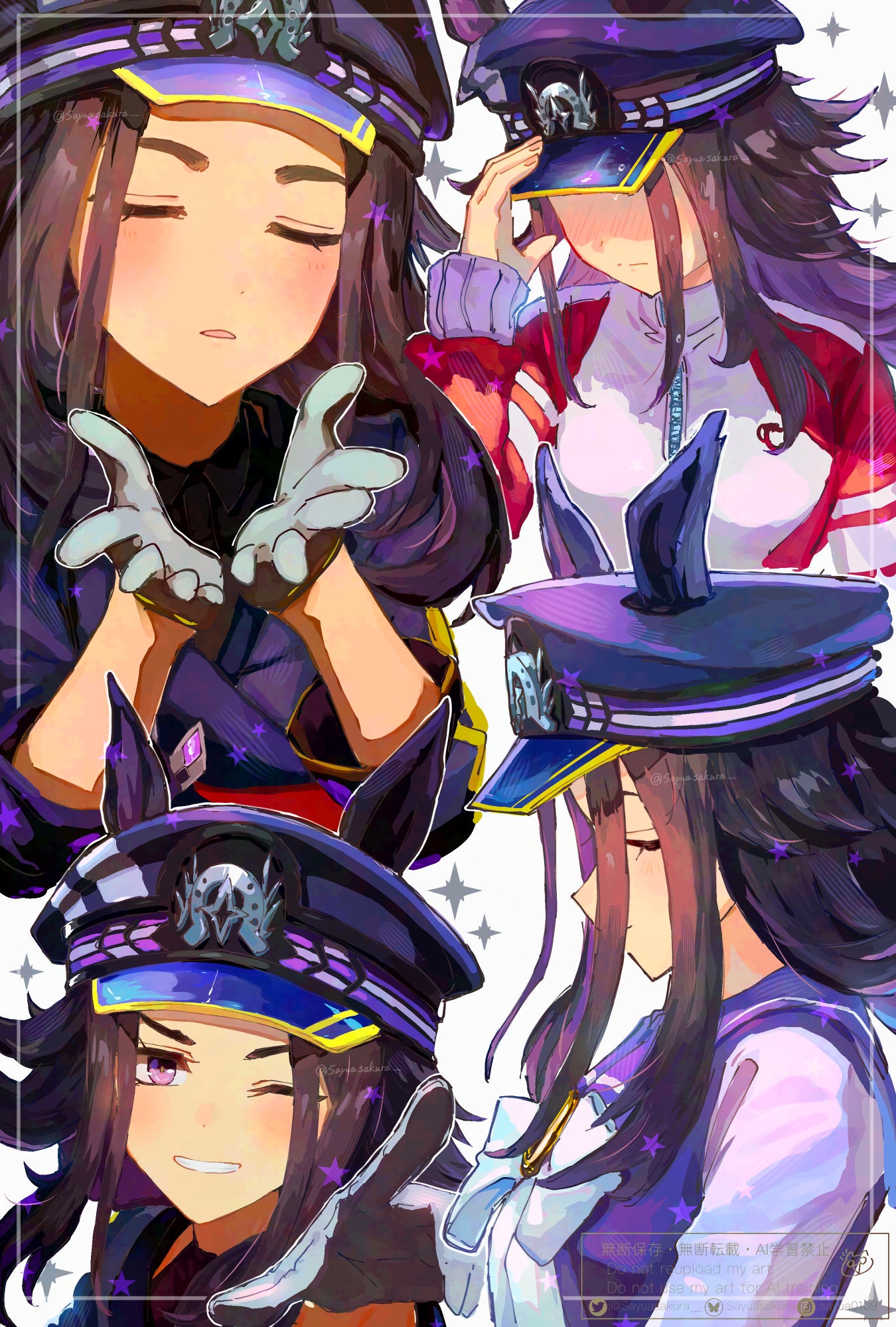umamusume, highres, 1girl, animal ears, blowing kiss, blush, closed eyes, fenomeno (racehorse), from side, gloves, hat, horse ears, horse girl, one eye closed, open mouth, peaked cap, pointing, sayuasakura, solo, teeth, white gloves
