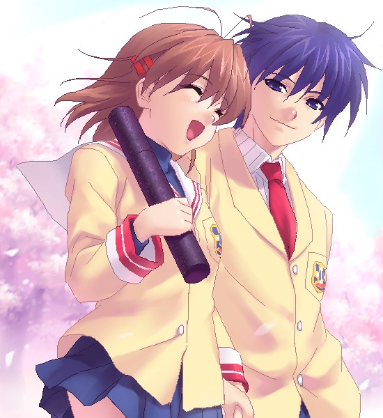 zen, furukawa nagisa, okazaki tomoya, clannad, 00s, 1boy, 1girl, :d, ^ ^, antenna hair, blue hair, brown hair, cherry blossoms, closed eyes, diploma, graduation, hetero, holding, holding diploma, holding hands, light smile, oekaki, open mouth, petals, school uniform, serafuku, short hair, skirt, smile