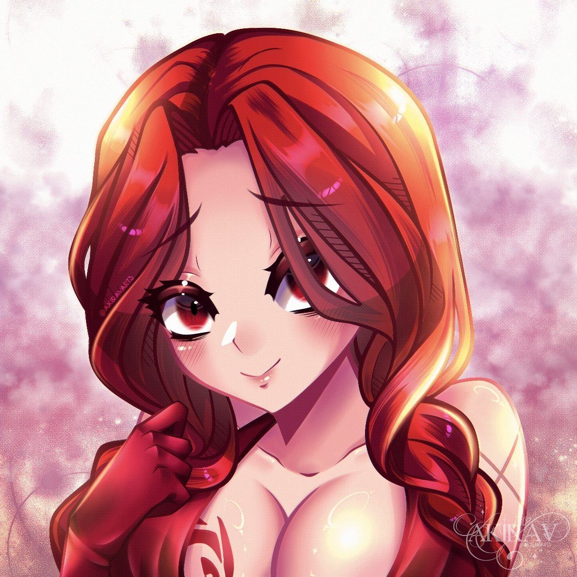 flare corona, fairy tail, 1girl, akiravarts, bare shoulders, braid, breast tattoo, breasts, cleavage, dress, gloves, large breasts, long hair, looking at viewer, pink background, portrait, red dress, red eyes, red gloves, red hair, scar, scar on shoulder, solo, tattoo, twin braids, twintails, two-tone background