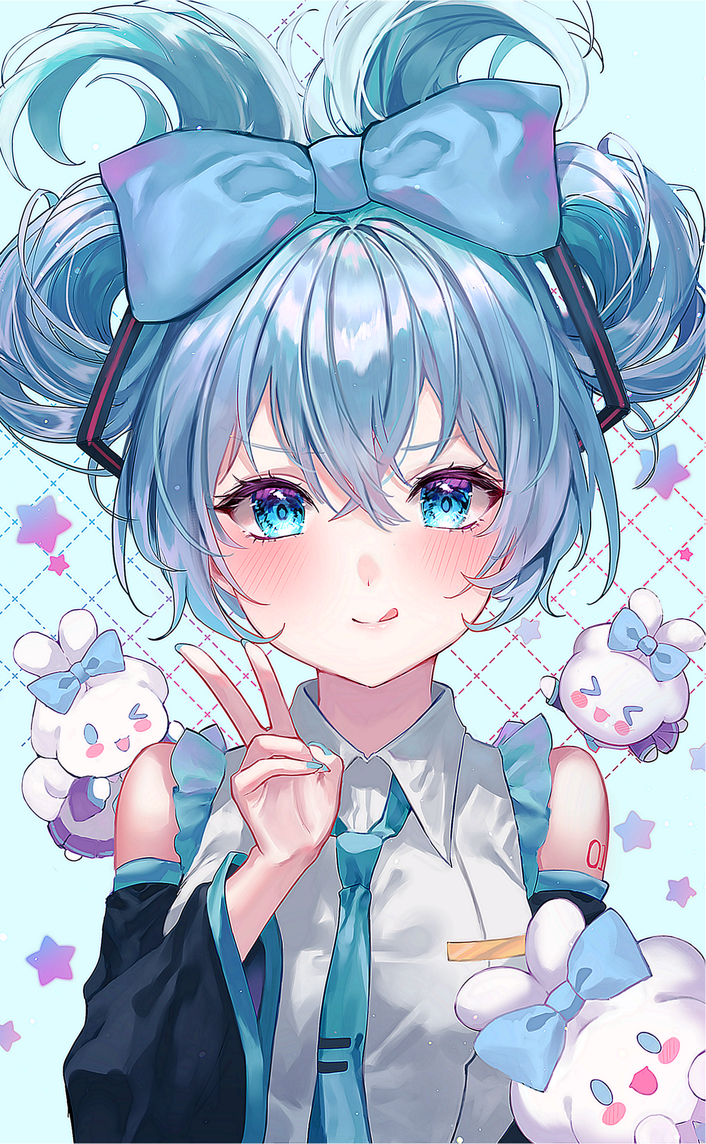 taru 7252, cinnamiku, cinnamoroll, hatsune miku, fuwa fuwa cinnamoroll, sanrio, vocaloid, commentary, highres, 1girl, :q, bare shoulders, black sleeves, blue background, blue bow, blue eyes, blue hair, blue nails, blue necktie, blush, bow, closed mouth, collared shirt, detached sleeves, grid background, hair between eyes, hair bow, hand up, long sleeves, looking at viewer, nail polish, necktie, number tattoo, shirt, short hair, shoulder tattoo, sleeveless, sleeveless shirt, smile, solo, tattoo, tie clip, tongue, tongue out, twintails, updo, upper body, v, white shirt