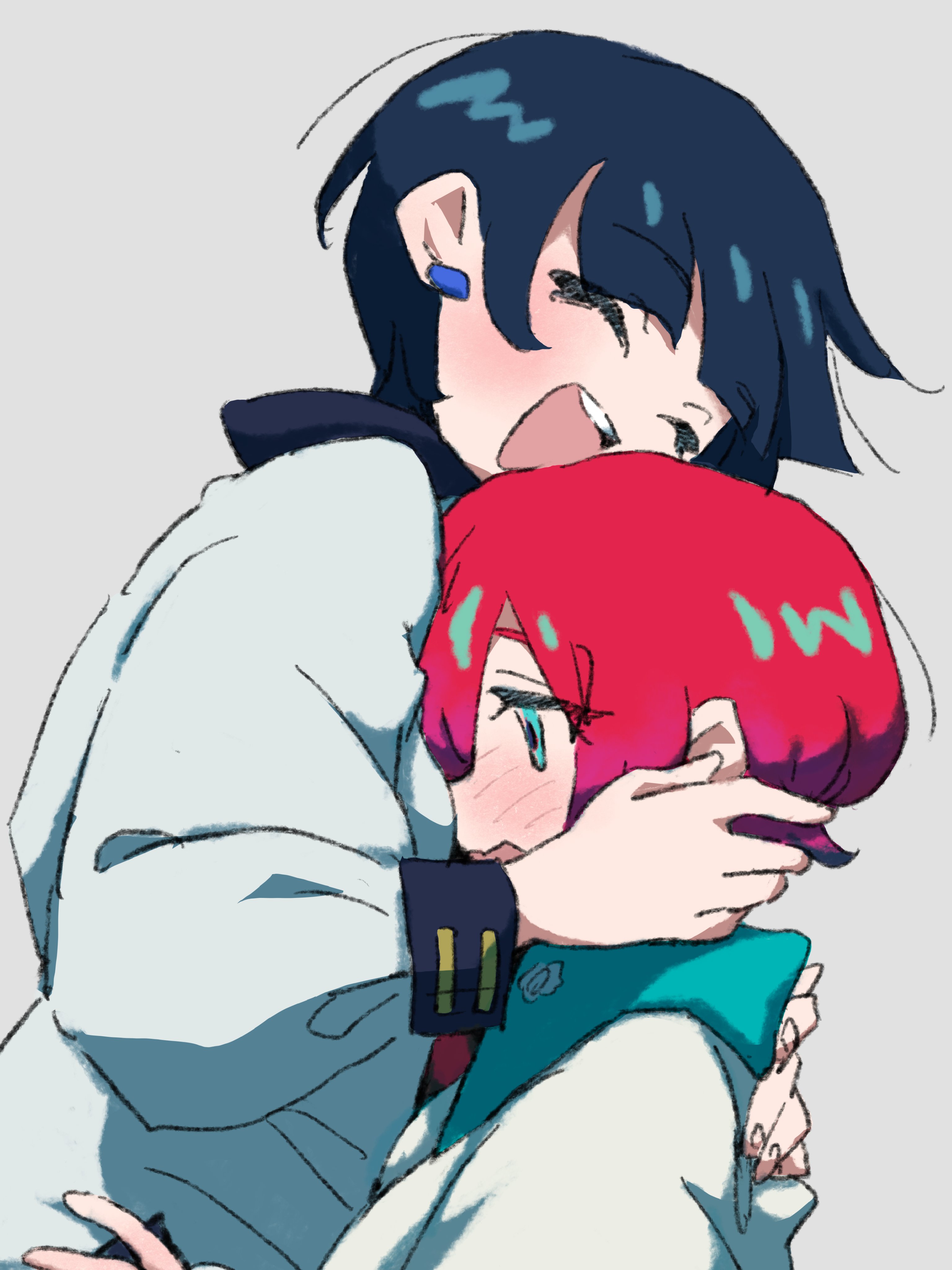 xoo (x), amate yuzuriha, tamaki yuzuriha, gundam, gundam gquuuuuux, absurdres, highres, 2girls, aqua eyes, aqua shirt, black hair, blush, breasts, collared shirt, holding, hug, long sleeves, mother and daughter, multiple girls, open mouth, red hair, school uniform, shirt, short hair, simple background, smile, sweater, upper body