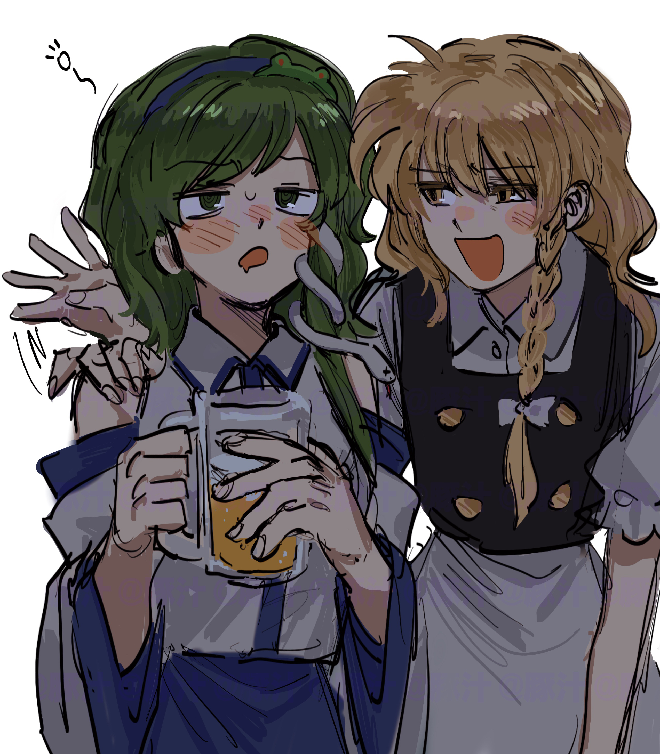 ame iru, kirisame marisa, kochiya sanae, touhou, absurdres, highres, 2girls, :d, :o, alcohol, apron, bare shoulders, beer, black vest, blonde hair, blue hairband, blue skirt, blush stickers, braid, collared shirt, cup, detached sleeves, dot nose, drooling, drunk, frog hair ornament, green eyes, green hair, hair ornament, hairband, holding, holding cup, long hair, long sleeves, looking at another, mouth drool, multiple girls, no headwear, open mouth, shirt, short sleeves, simple background, single braid, skirt, skirt set, sleeveless, sleeveless shirt, smile, snake hair ornament, squeans, sweat, upper body, vest, white apron, white background, white shirt, wide sleeves, wing collar, yellow eyes