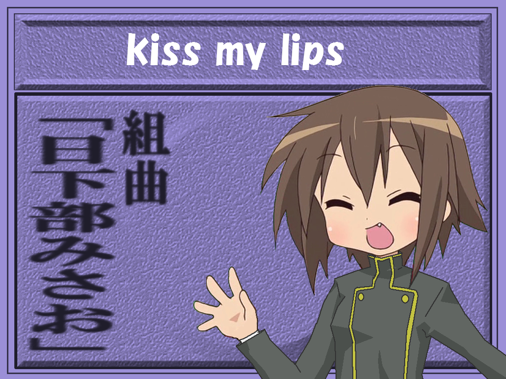 kusakabe misao, code geass, lucky star, nursery rhyme, third-party edit, 1girl, brown hair, cosplay, fang, female focus, hand up, open mouth, short hair, solo, upper body