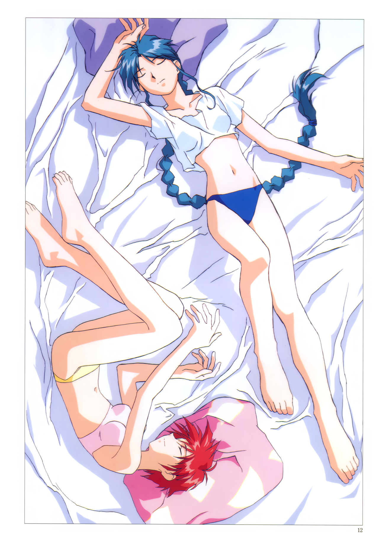 viper (series), viper v8, highres, non-web source, official art, 2girls, barefoot, bed sheet, blue panties, border, bra, braid, braided ponytail, cropped shirt, long hair, lying, multiple girls, navel, on back, on side, page number, panties, pillow, pink bra, shirt, short hair, short sleeves, underwear, underwear only, very long hair, white border, white shirt, yellow panties